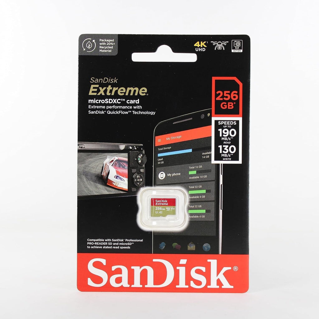 Buy now SanDisk 256GB Extreme MicroSDXC UHS-I Memory Card - C10, U3, V30, 4K, A2, Micro SD - SDSQXA1-256G-GN6MN at indiglob india