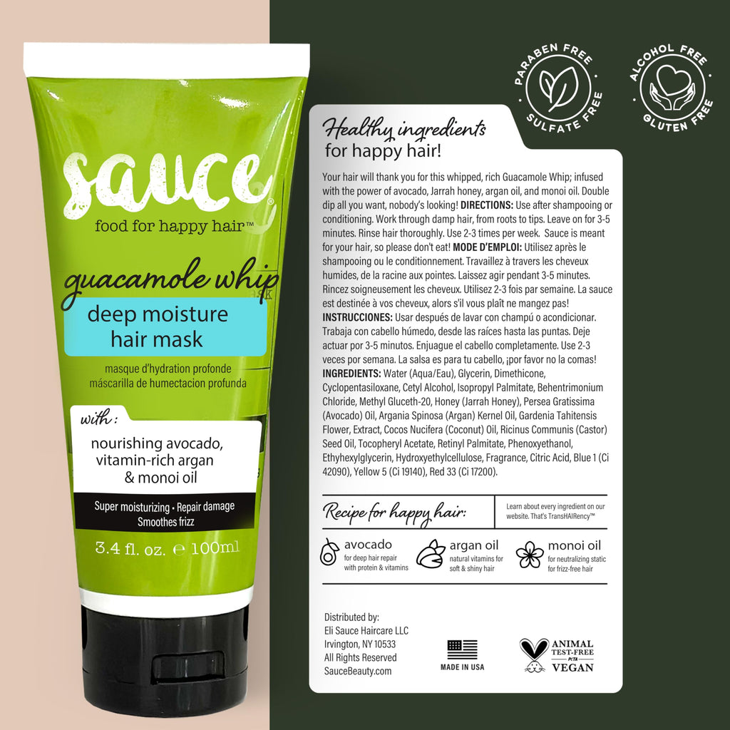 SAUCE Deep Conditioning Hair Mask, Guacamole Whip, 3.4 Fl Oz | Frizz Control for Dry, Damaged Hair, With Avocado, Honey, Monoi & Argan Oil, All Hair Types, Paraben & Sulfate-Free