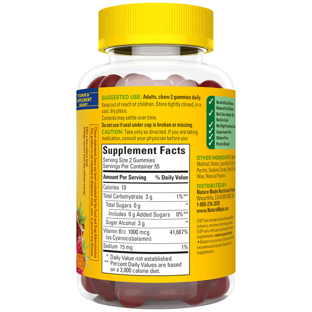 Nature Made Zero Sugar Energy Vitamin B12 Gummies, 110 Sugar Free Gummies | B12 Vitamin 1000 mcg per Serving, Energy Metabolism Support, Aspartame Free, Raspberry Flavor, 55 Day Supply