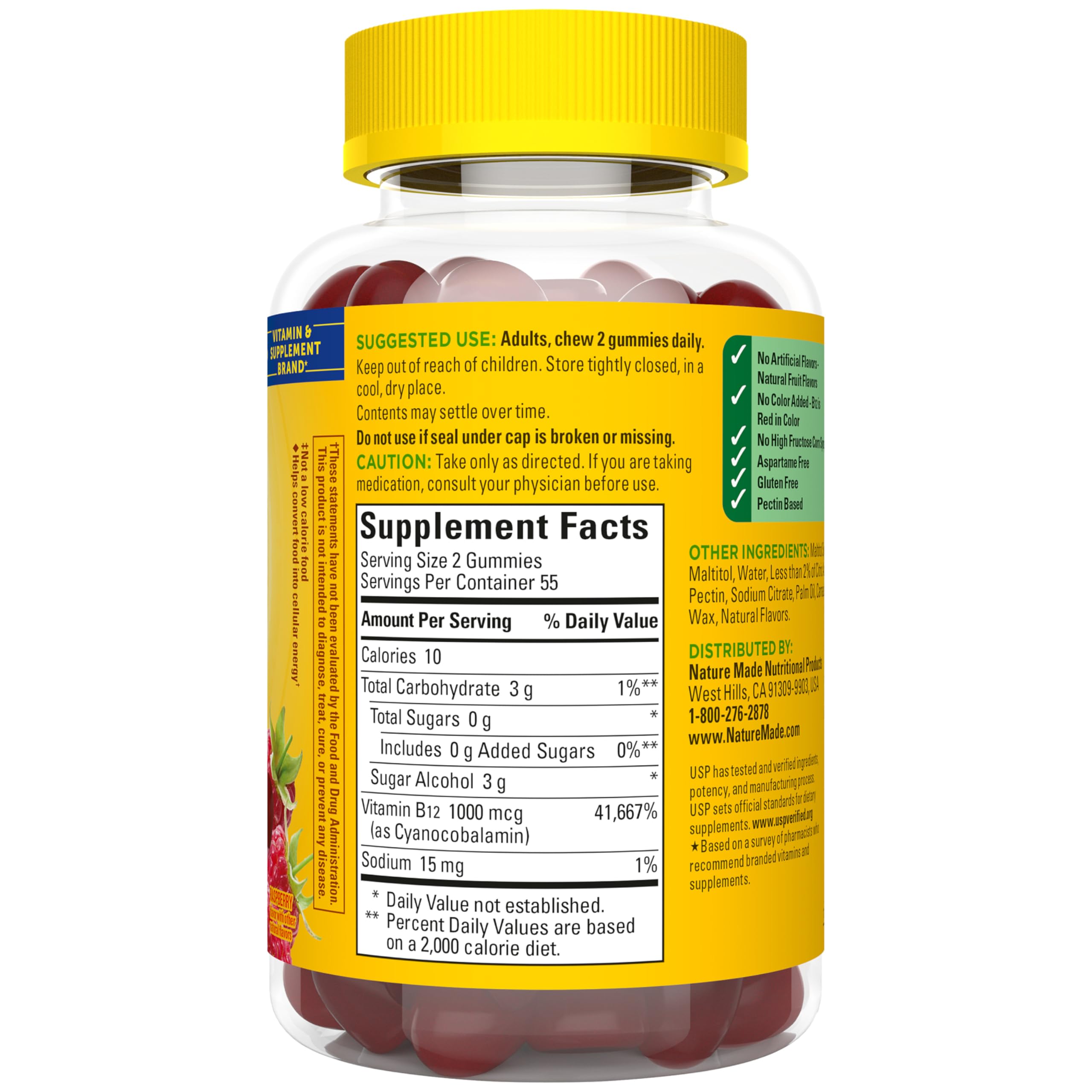 Nature Made Zero Sugar Energy Vitamin B12 Gummies, 110 Sugar Free Gummies | B12 Vitamin 1000 mcg per Serving, Energy Metabolism Support, Aspartame Free, Raspberry Flavor, 55 Day Supply