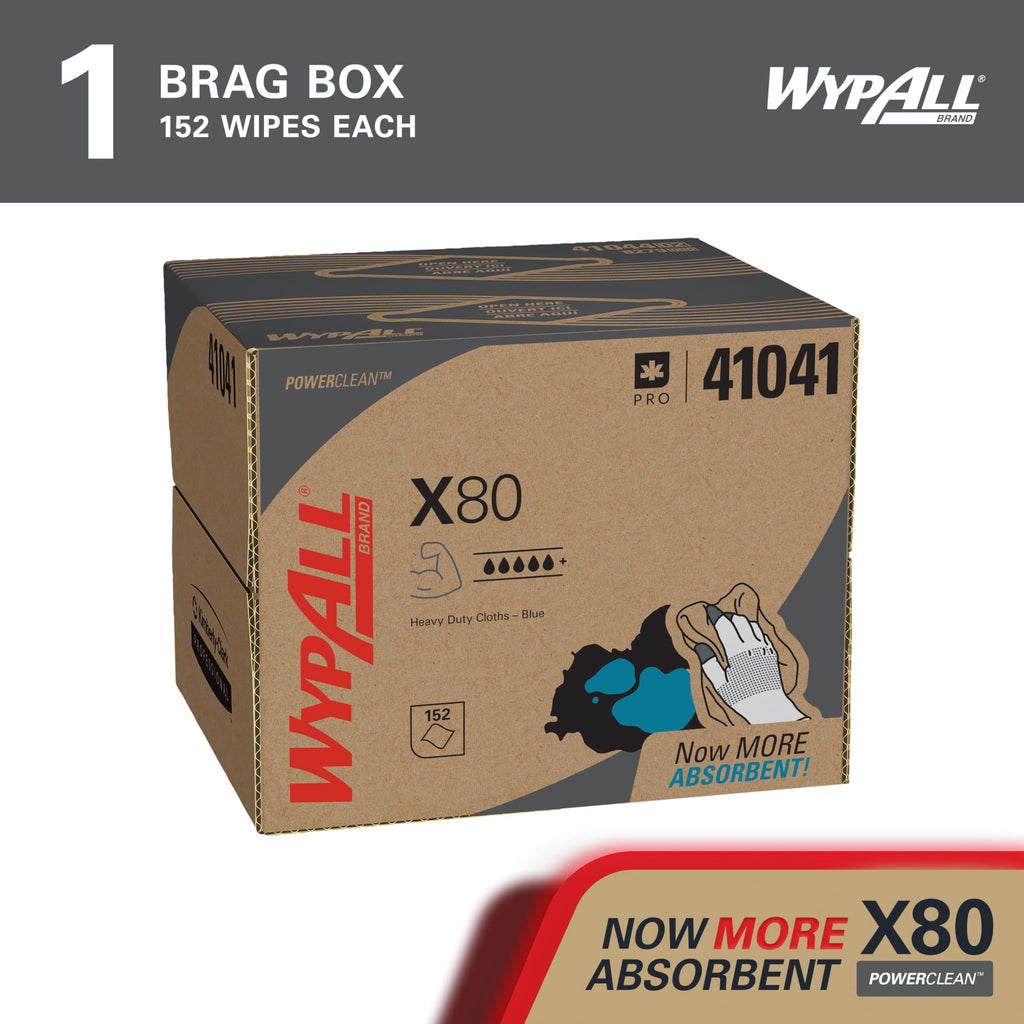 WypAll PowerClean X80 Heavy Duty Cloths, Brag Box, 152 Towels, Blue (41041)