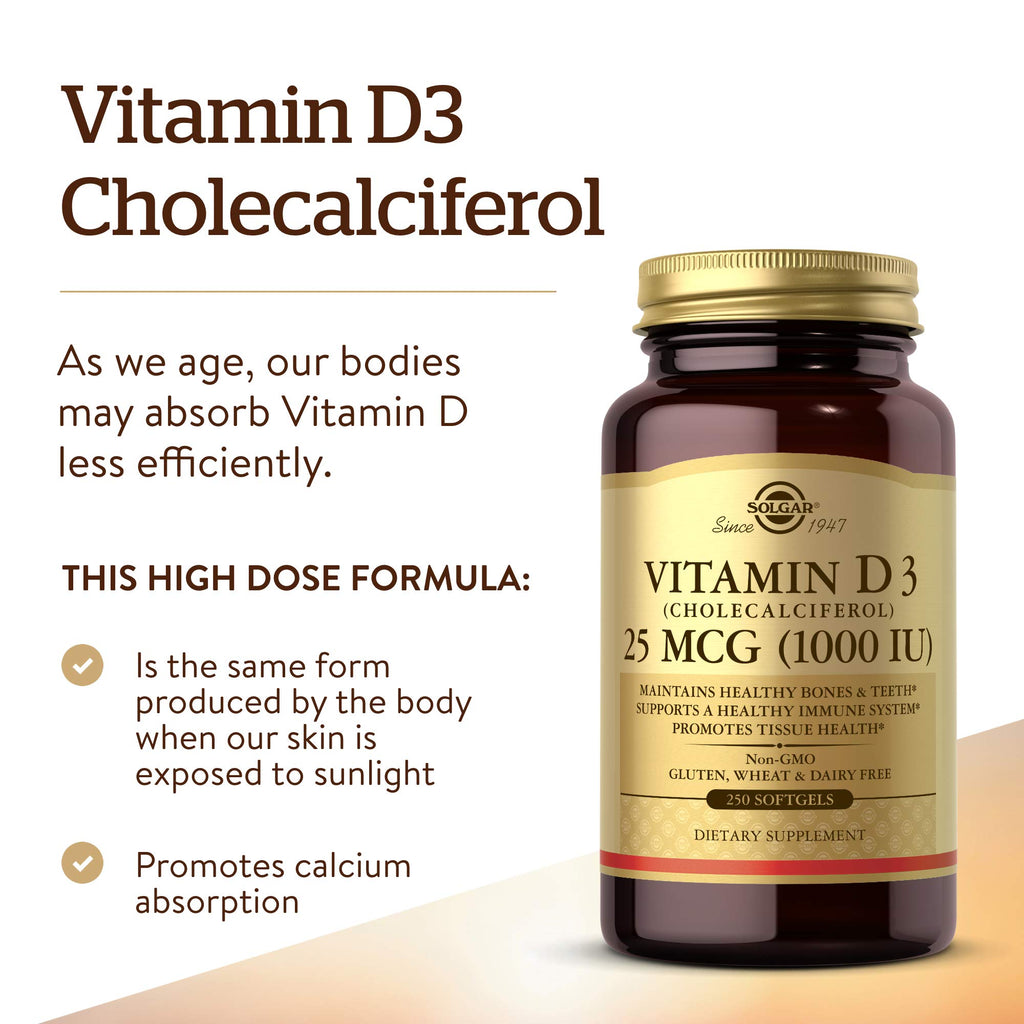 Solgar Vitamin D3 (Cholecalciferol) 25 MCG (1000 IU), 250 Servings | Helps Maintain Healthy Bones & Teeth, Immune System Support, Non-GMO, Gluten Free, Dairy Free - 250 Softgels