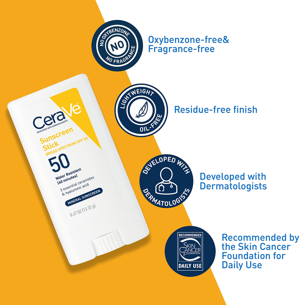 CeraVe Mineral Sunscreen Stick, SPF 50 Face Sunscreen, Travel Size, 0.47oz | FSA Eligible Zinc Oxide Face Sunscreen with Hyaluronic Acid and Ceramides Offers Water-Resistant, Mess-Free Protection
