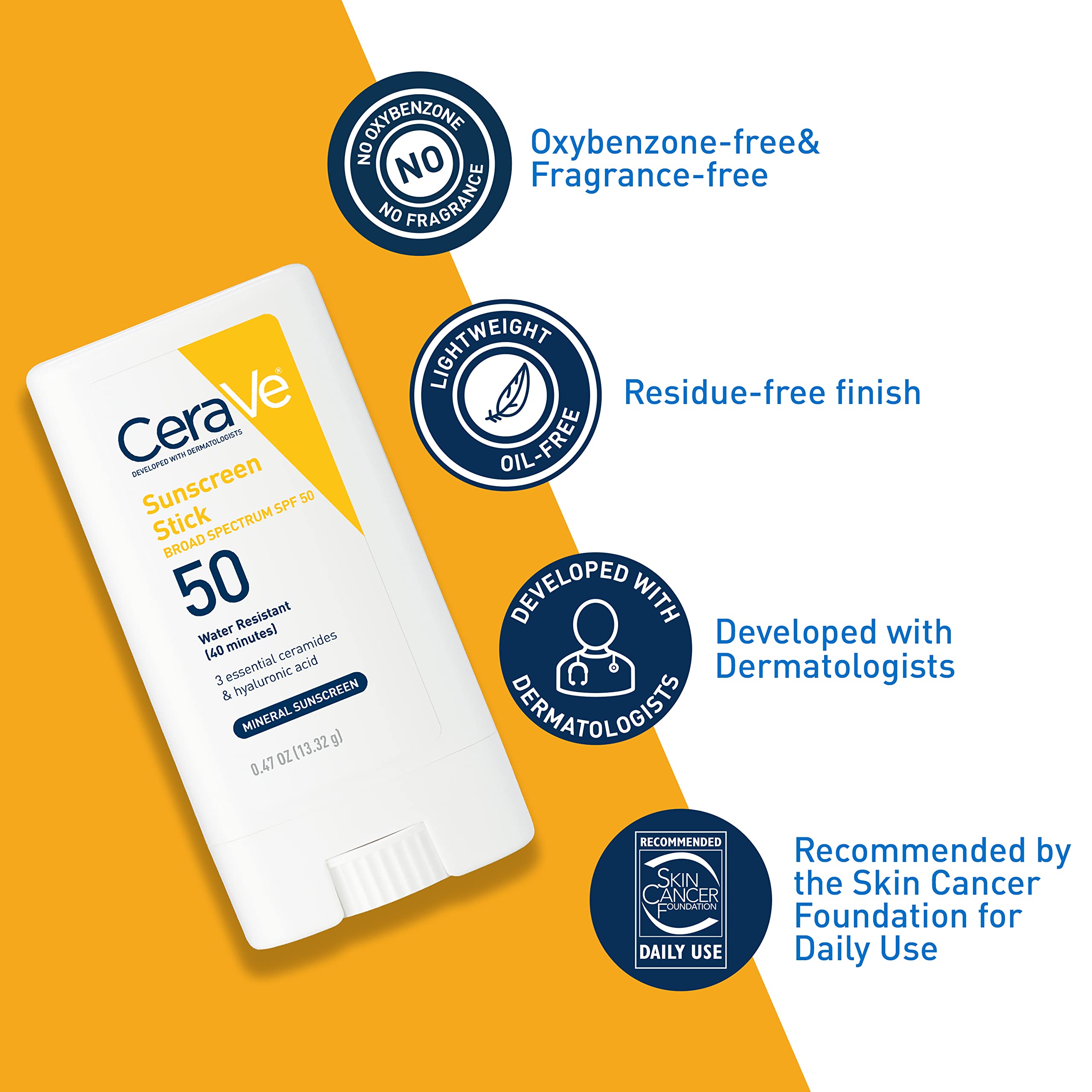 CeraVe Mineral Sunscreen Stick, SPF 50 Face Sunscreen, Travel Size, 0.47oz | FSA Eligible Zinc Oxide Face Sunscreen with Hyaluronic Acid and Ceramides Offers Water-Resistant, Mess-Free Protection
