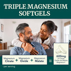 Triple Magnesium Softgels, Citrate Malate & Oxide, Highly Absorbable, 60 Ct | Magnesium Supplement for Digestion, Calm, Relaxation, Leg Cramps & Sleep Support, 600mg Complex, Easy to Swallow, 60 Softgels