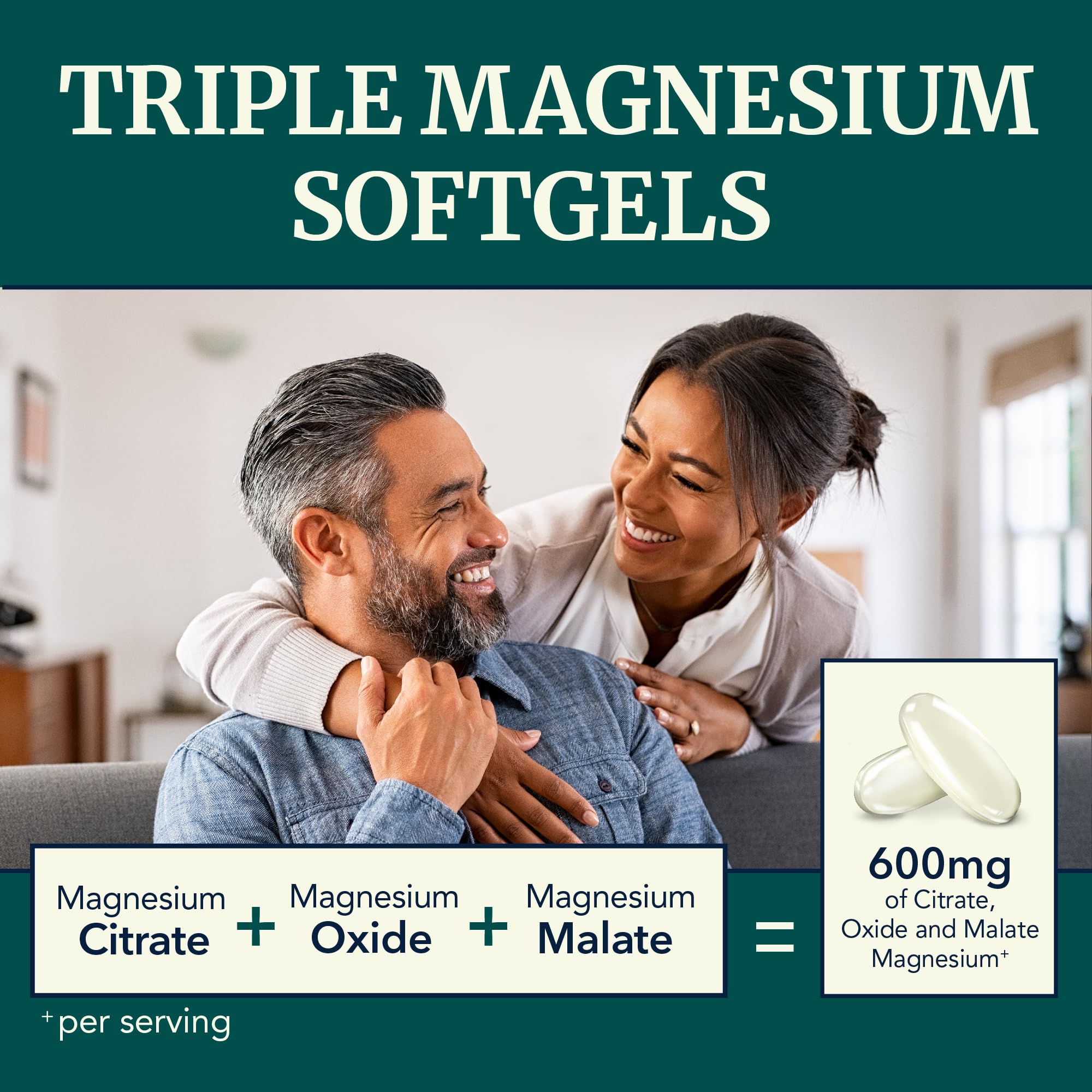 Triple Magnesium Softgels, Citrate Malate & Oxide, Highly Absorbable, 60 Ct | Magnesium Supplement for Digestion, Calm, Relaxation, Leg Cramps & Sleep Support, 600mg Complex, Easy to Swallow, 60 Softgels