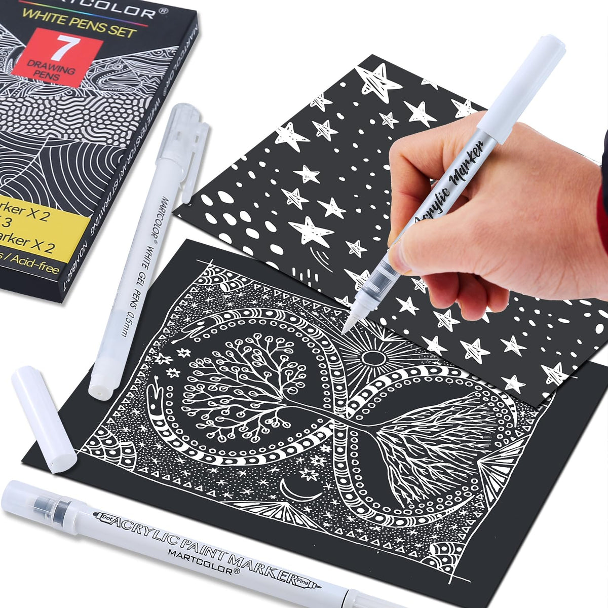 MARTCOLOR White Pens Set, 7 Pack White Gel Pen Dual-Tip Acrylic Paint Pen