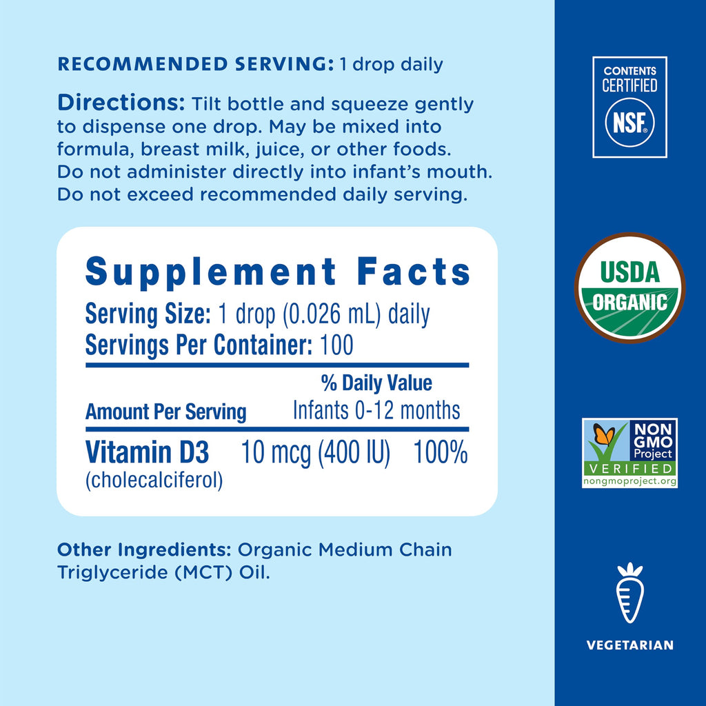 Mommy's Bliss Organic Baby Vitamin D Drops, No Artificial Color, 0.11 Fl Oz | Vitamin D3 that promotes healthy growth and bone development in newborns and up; 100 servings per pack