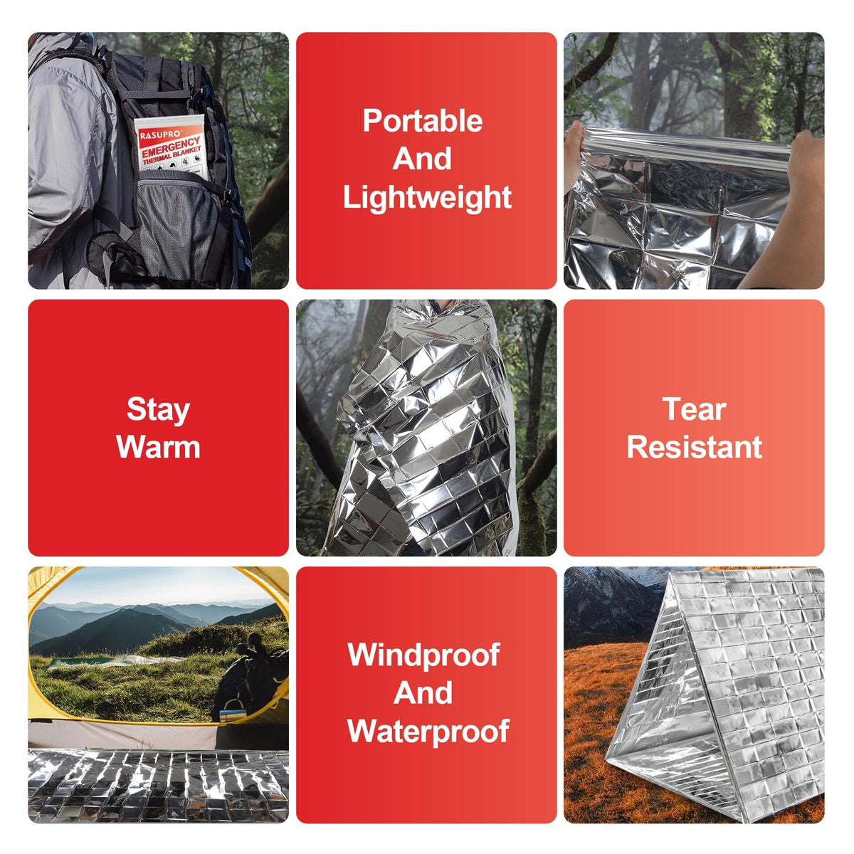 9 Pack Emergency Blankets, Outdoor Survival Emergency Insulated Gear, Mylar Thermal Space Insulated Blanket, Perfect for Camping, Hiking, Running, Marathon, Wilderness Rescue or First Aid