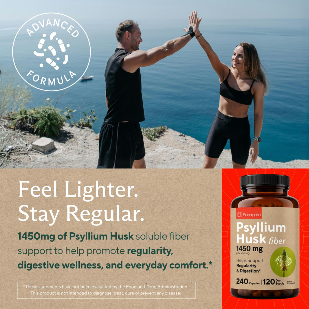 Premium Psyllium Husk Fiber Supplement 1450mg, 240 Capsules | 1,450 mg per 2-capsule serving; supports regularity & digestive health, with 120 servings and no powder mixing