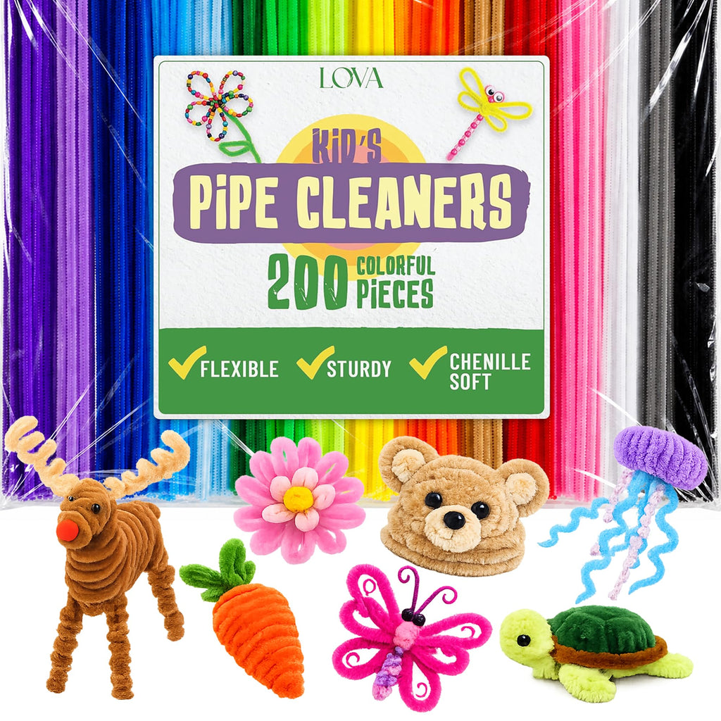 LOVA Pipe Cleaners Craft Bulk 200 Count – 12 Inch Chenille Stems in 20 Assorted Colors, Multicolor Fuzzy Craft Supplies for DIY Arts and Crafts, Flower Stems & Classroom Projects