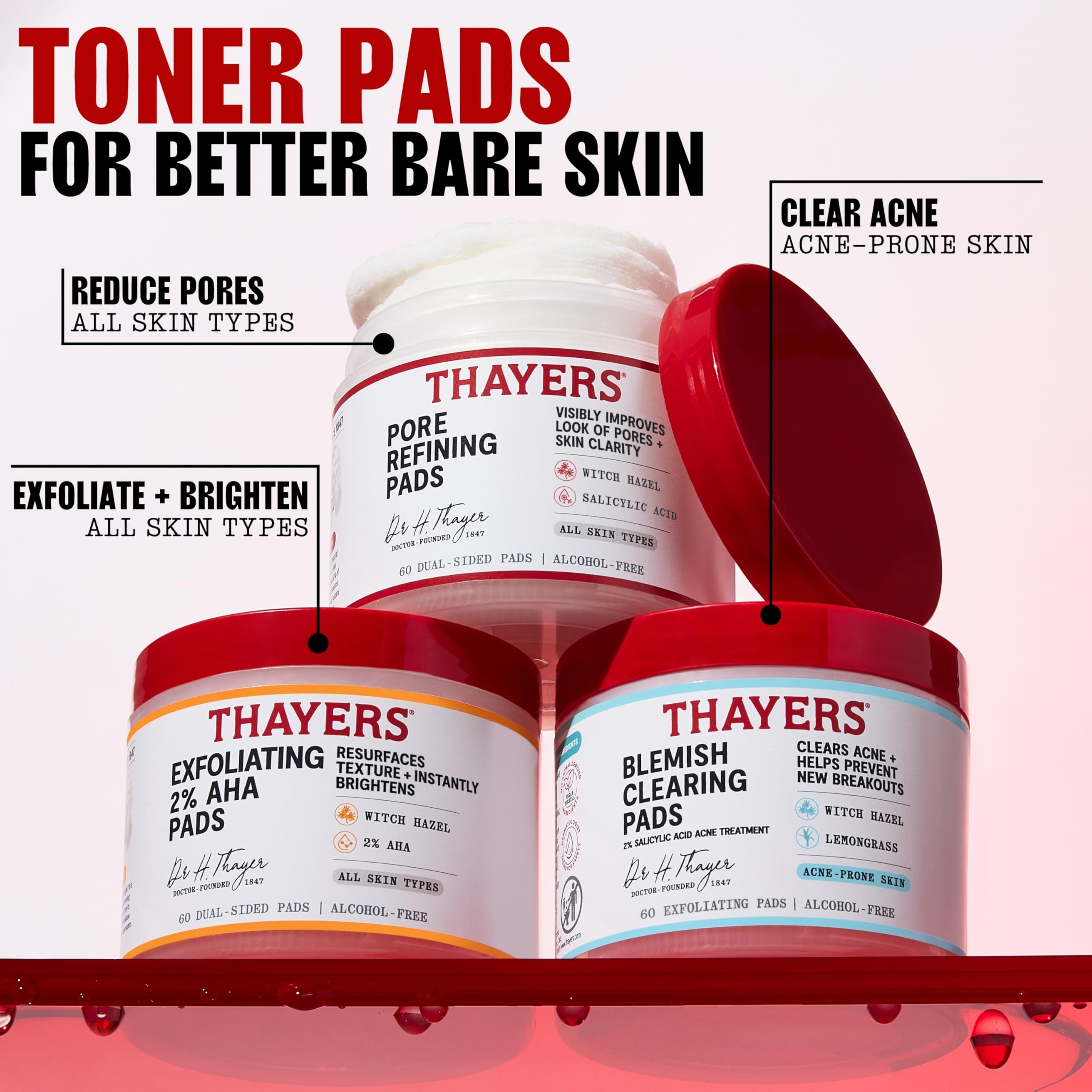 Thayers Blemish Clearing Acne Pads, Salicylic Acid Acne Treatment for Face, Pore Reducing, Exfoliating, and Soothing Skincare, Witch Hazel Toner Pads, 60 Ct