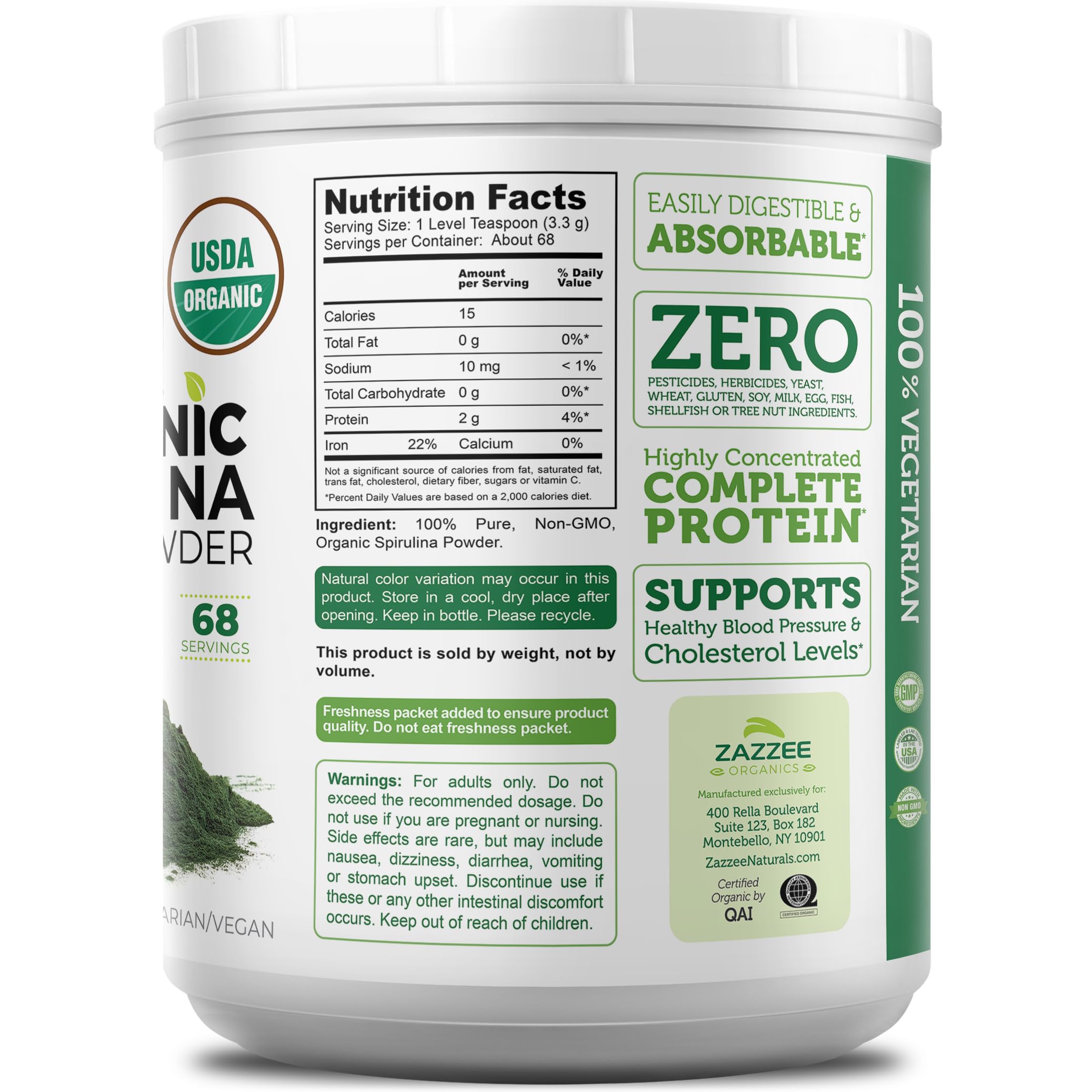 Zazzee USDA Organic Spirulina Powder, 8 Ounces, 68 Servings, 100% Pure | Certified Kosher, Non-Irradiated, Mess-Free Wide Mouth Container, Fresh Smell and Neutral Taste, Non-GMO, Made in USA
