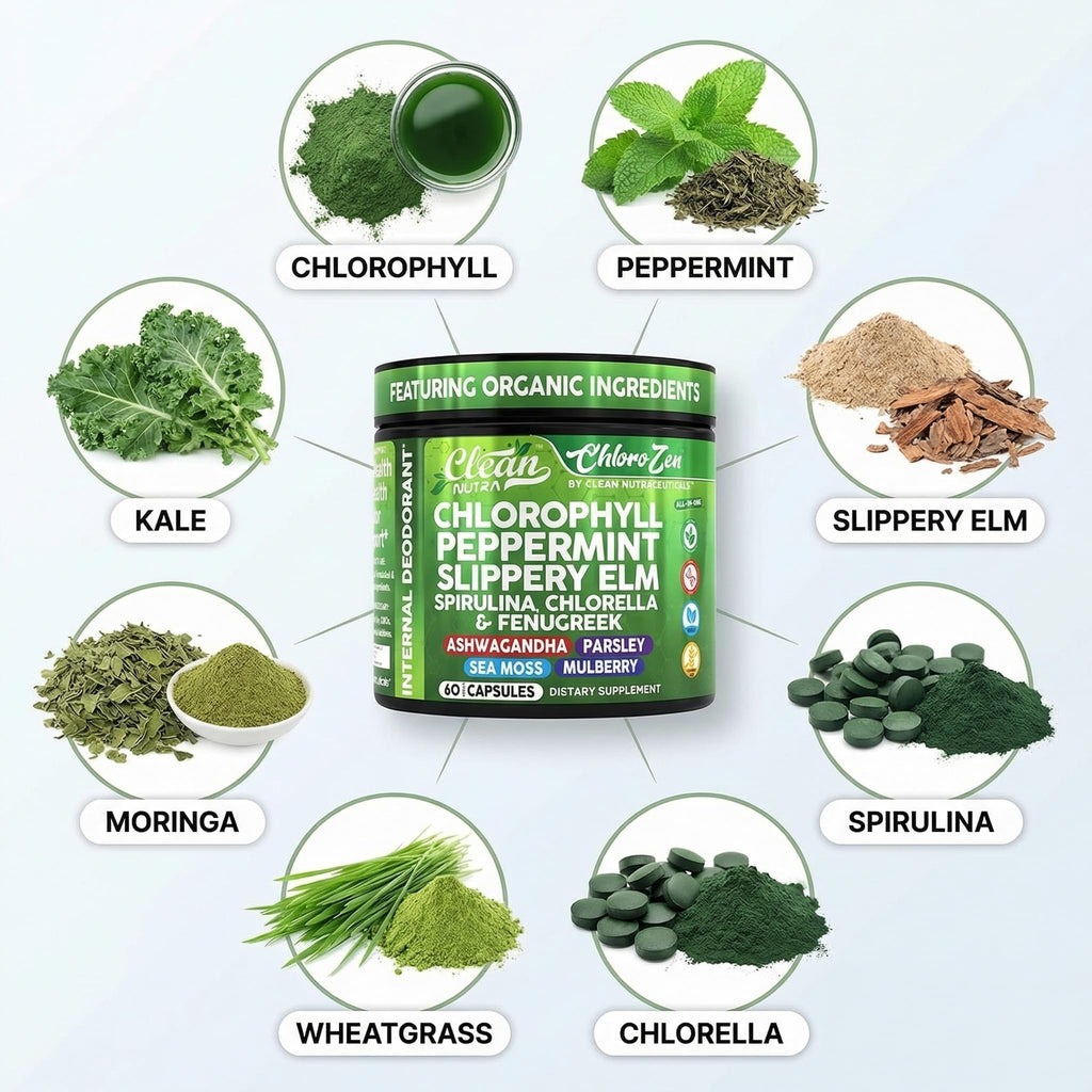 Clean Nutra Chlorophyll Capsules + Peppermint Slippery Elm Spirulina Chlorella Fenugreek Ashwagandha Sea Moss Supplement – Ph Balance for Women Detox Internal Deodorant Supplement + Prebiotics 60 Ct