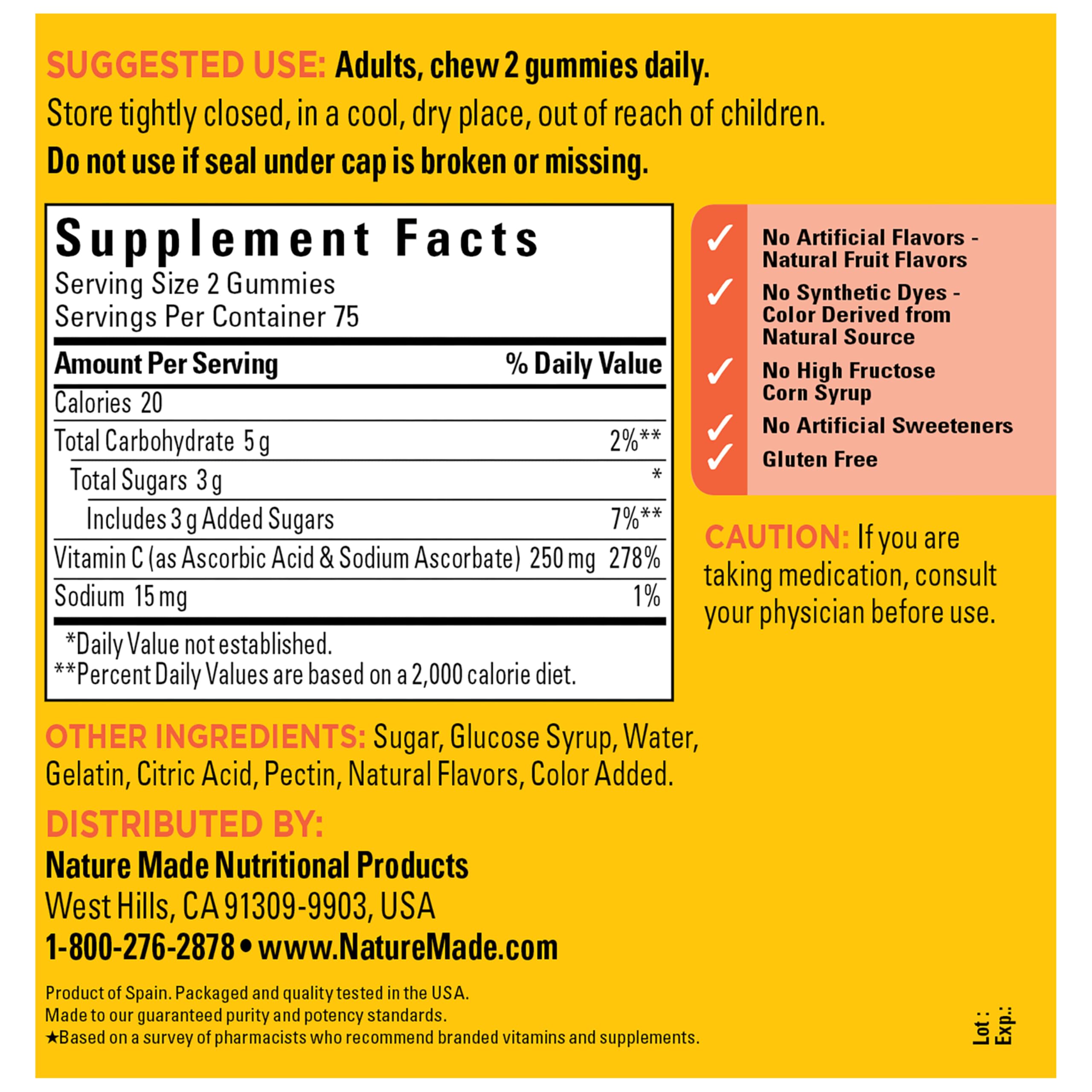 Nature Made Vitamin C Gummies 250mg per Serving, 150 Count | Adult Vitamin C Immune Support Gummies for Daily Immune Support and Antioxidant Support, Tangerine Flavor, 75 Day Supply