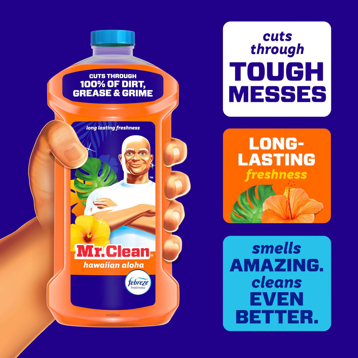 Mr. Clean All Purpose Cleaner, Mop Soap, Floor Cleaner for Mopping Home, Bathroom, & Kitchen, Cleaning Liquid for Mop & Bucket, Cleaning Supplies, Multi-Surface Dilutable, Hawaiian Aloha, 41oz