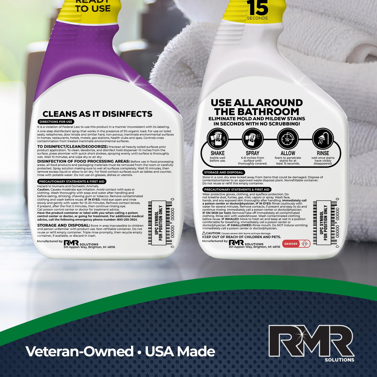 RMR Bathroom Mold Remover Bundle - RMR-141 EPA Registered Mold & Mildew Remover, 2-Step Bathroom Cleaning & Disinfecting System for Showers, Sinks, Tile, Grout, 2–32 Oz Bottles