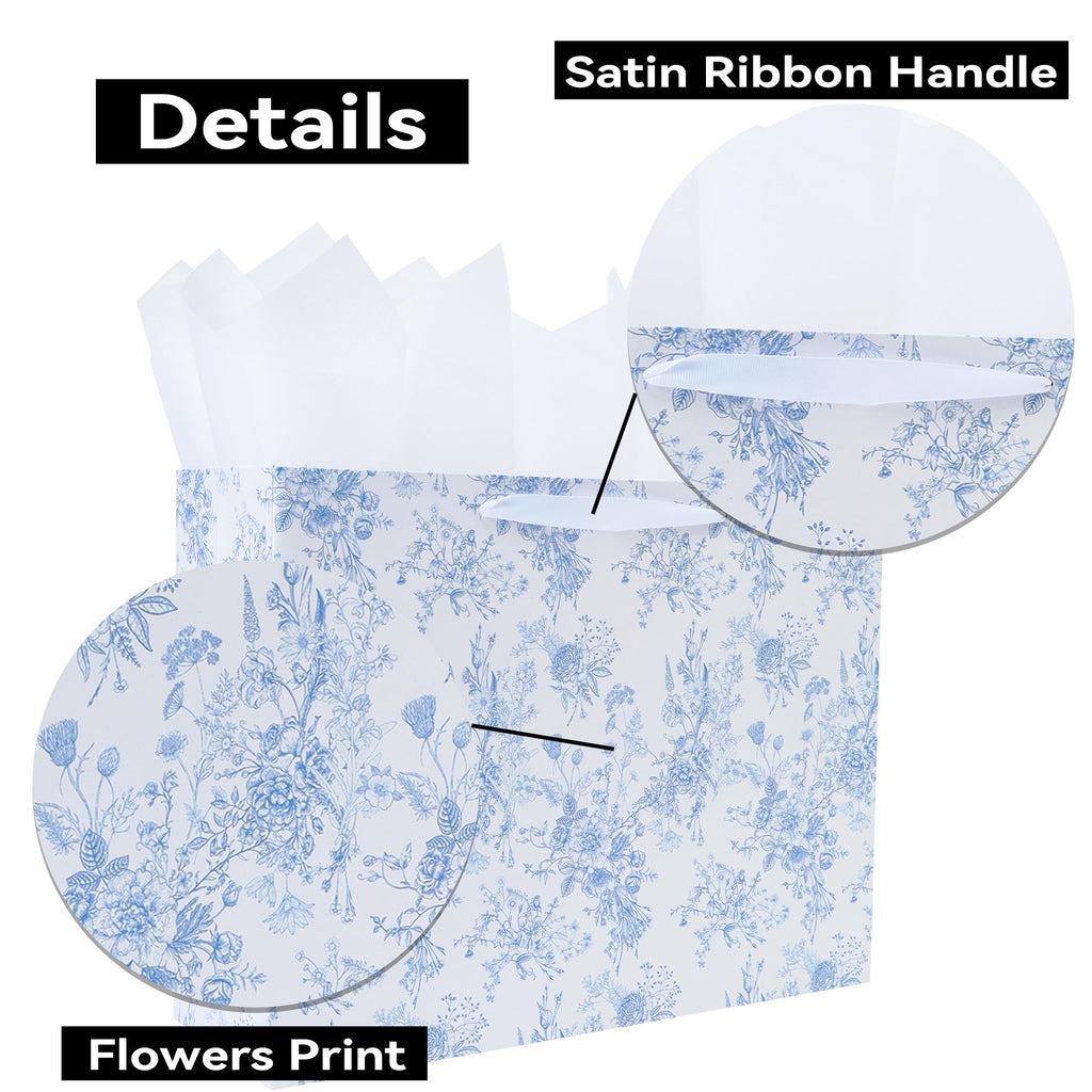 16.5" Extra Large Blue Floral Gift Bag Set with Handles, Greeting Card, White Tissue Papers and Stickers for Women Girls for Birthdays, Valentine's Day, Weddings, Anniversaries, Mother's Day, Flowers Design, 1 Pcs