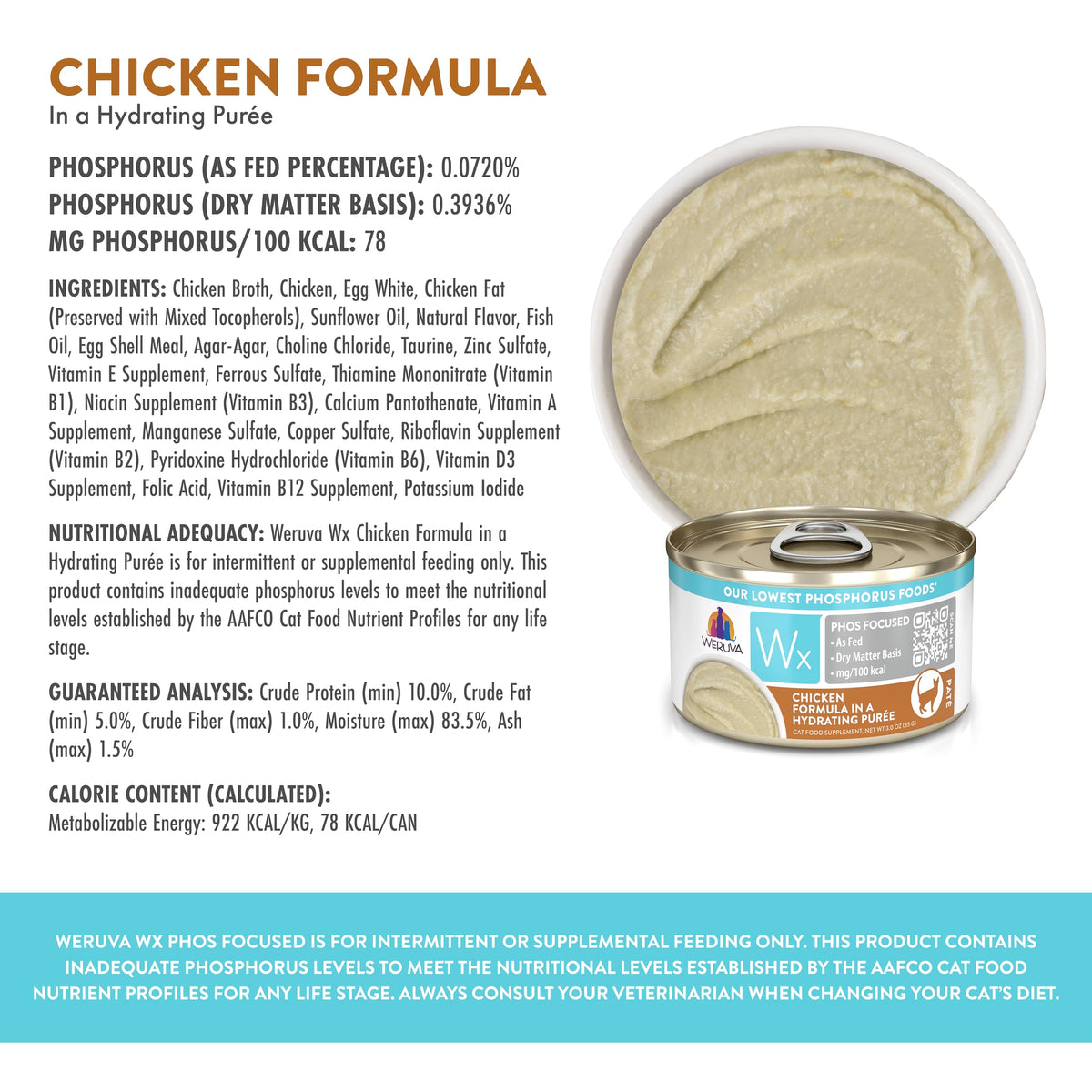 Weruva Wx Phos Focused, Chicken Formula in a Hydrating Purée, 3oz Can, Pack of 12