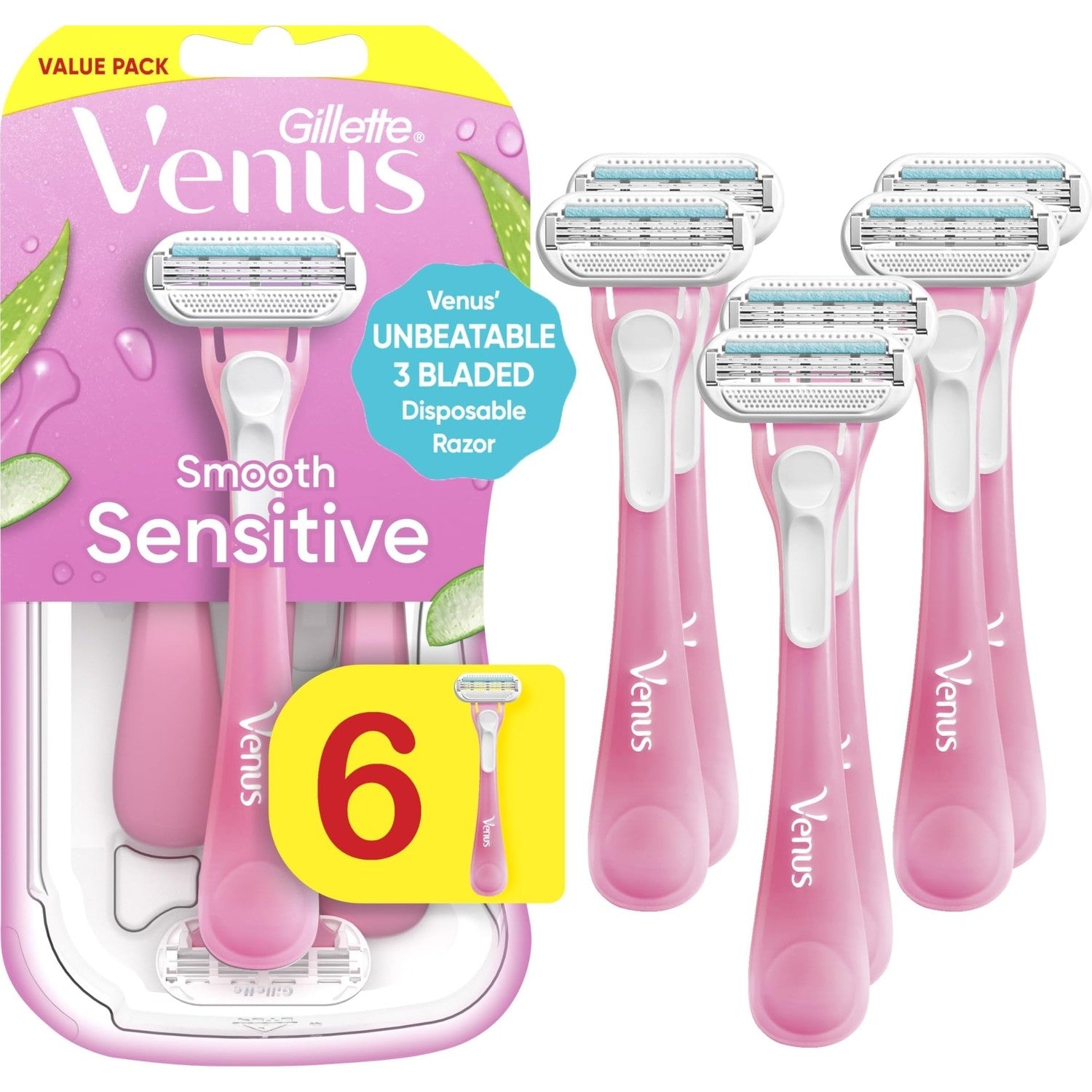 Gillette Venus Sensitive Disposable Razors for Women with Sensitive Skin, 6 Count, Delivers Close Shave with Comfort