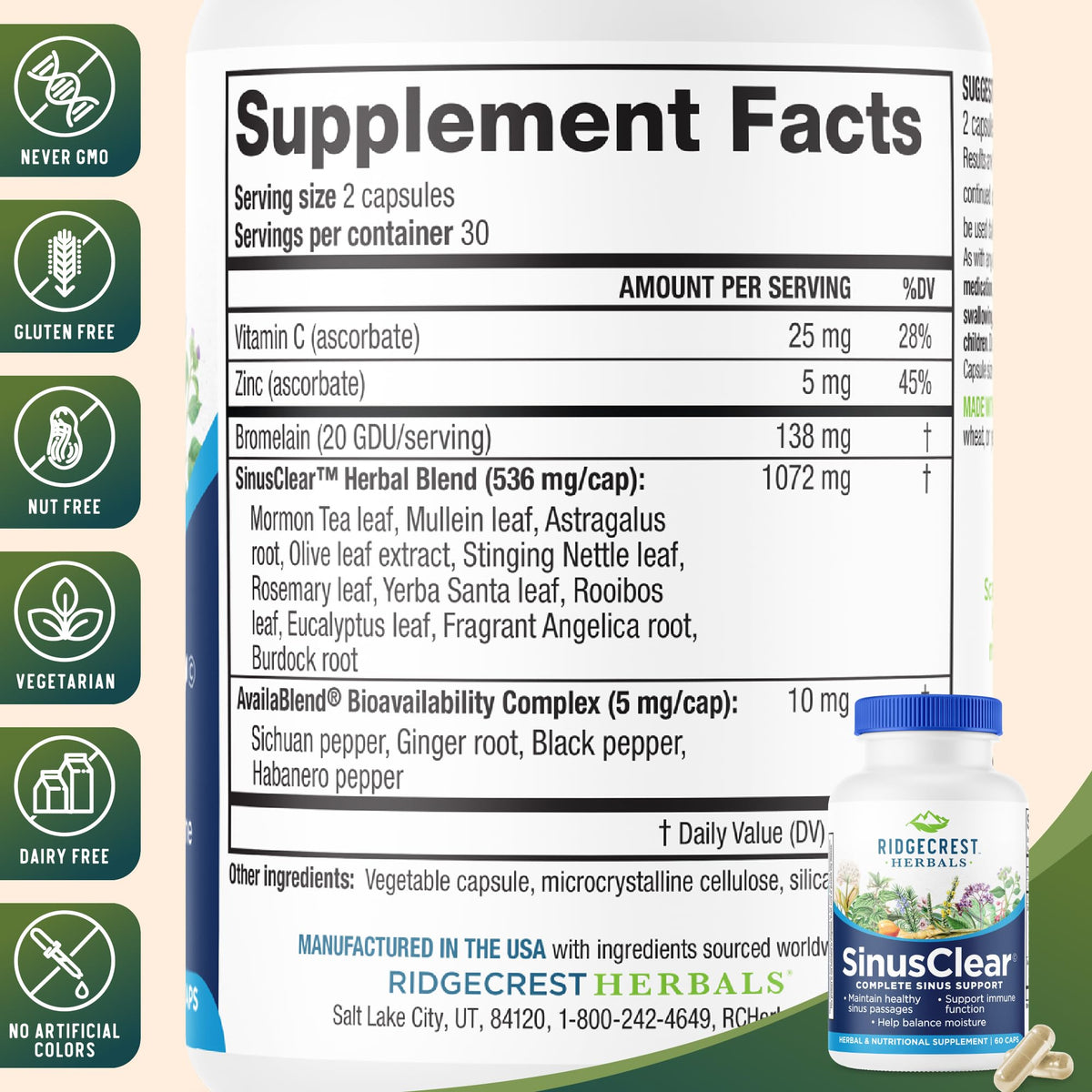 RidgeCrest Herbals SinusClear Mullein Sinus, Nasal and Immune Support 60 Ct