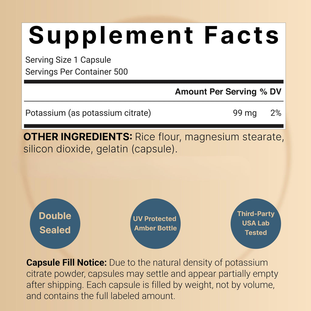 NatureBell Potassium Citrate 99mg, 500 Capsules - Chelated Mineral Supplements - Non-GMO, Gluten Free