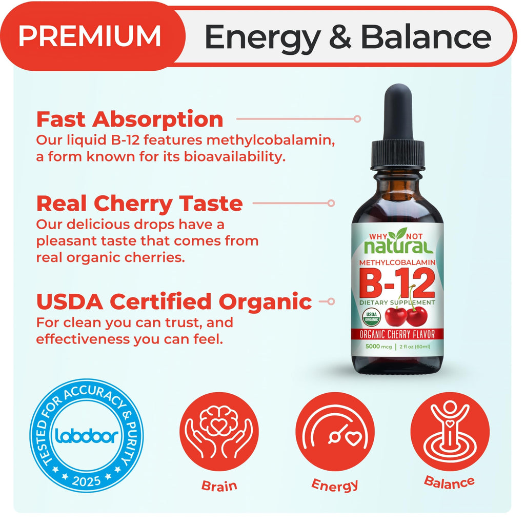 Why Not Natural Organic Vitamin B12 Liquid - Sublingual Extra Strength 60 x 5000 mcg Methylcobalamin Drops, Vegan, Maximize Absorption and Energy