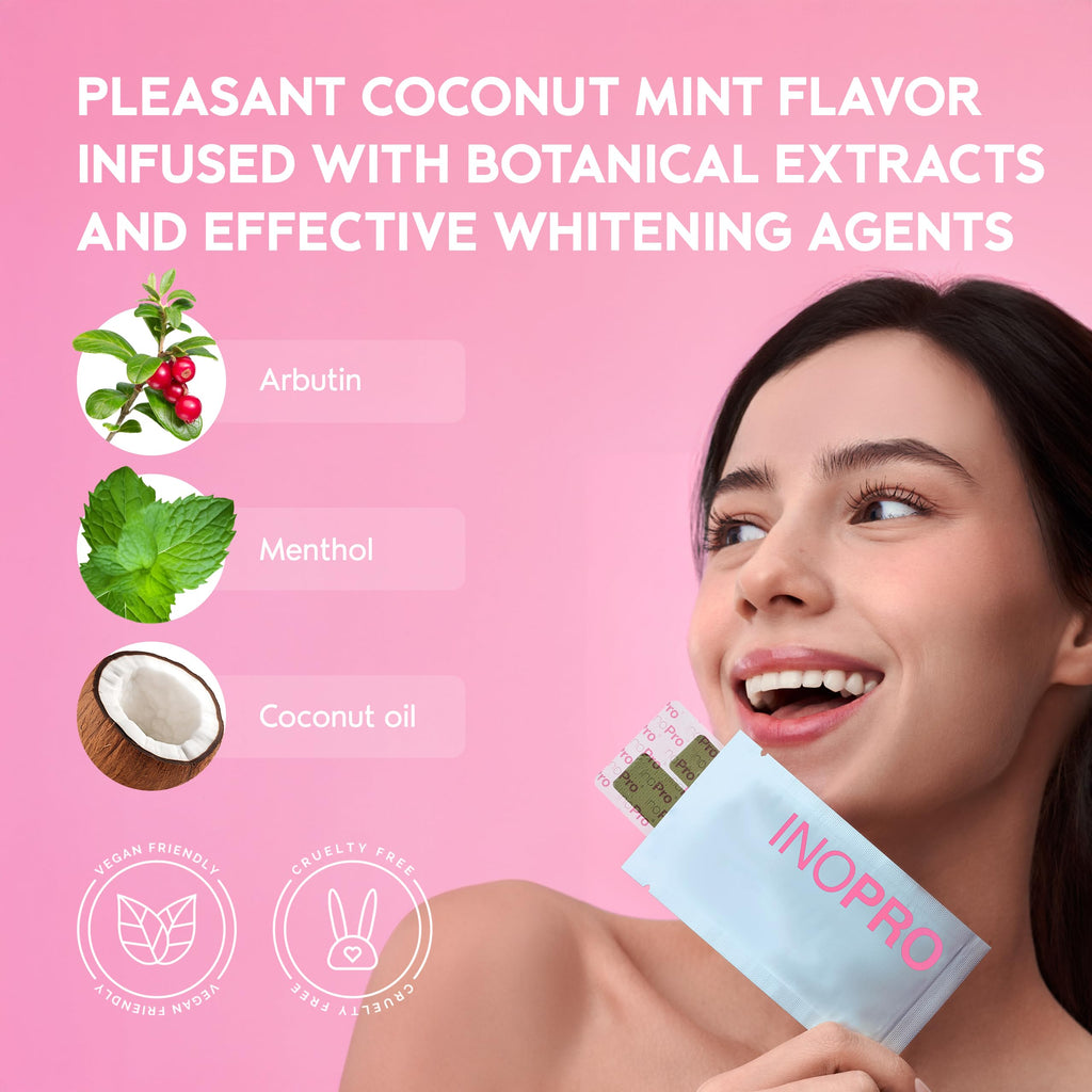 Buy now InoPro Teeth Whitening Strips 14 Treatments Kit - Enamel Safe Teeth Whitener, Peroxide-Free, Green White Strips for Teeth Whitening with Arbutin, Coconut Oil, Deep Stains Removal (28 Strips) at indiglob india