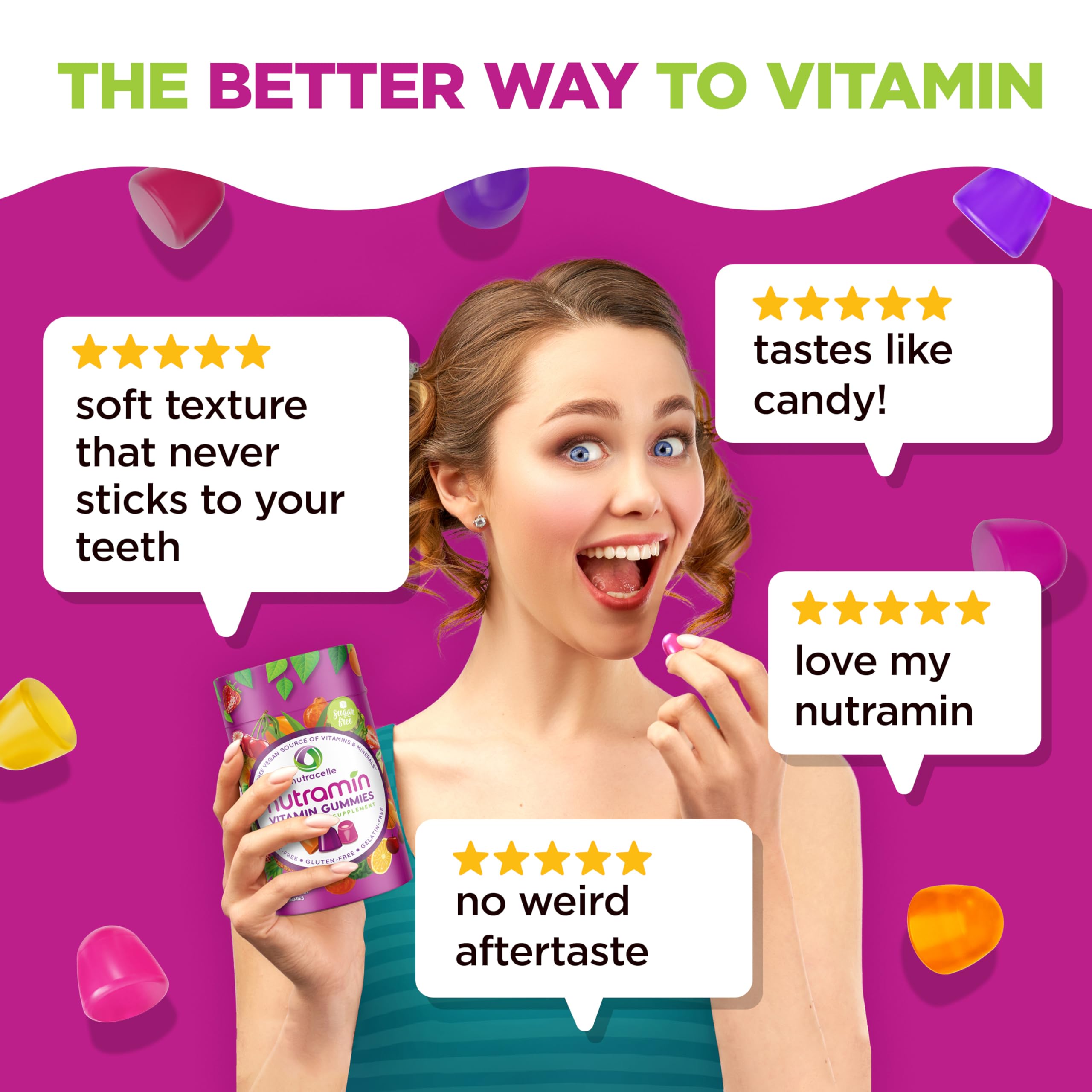 NUTRAMIN Daily Vegan Keto Multivitamin Gummies, Sugar-Free, 90 Count | Non-GMO Natural Vitamin C, D, Zinc for Immunity, Plant-Based, Nut-Free, Gluten-Free, Biotin, Vitamin A, B, B6, B12, 45-Day