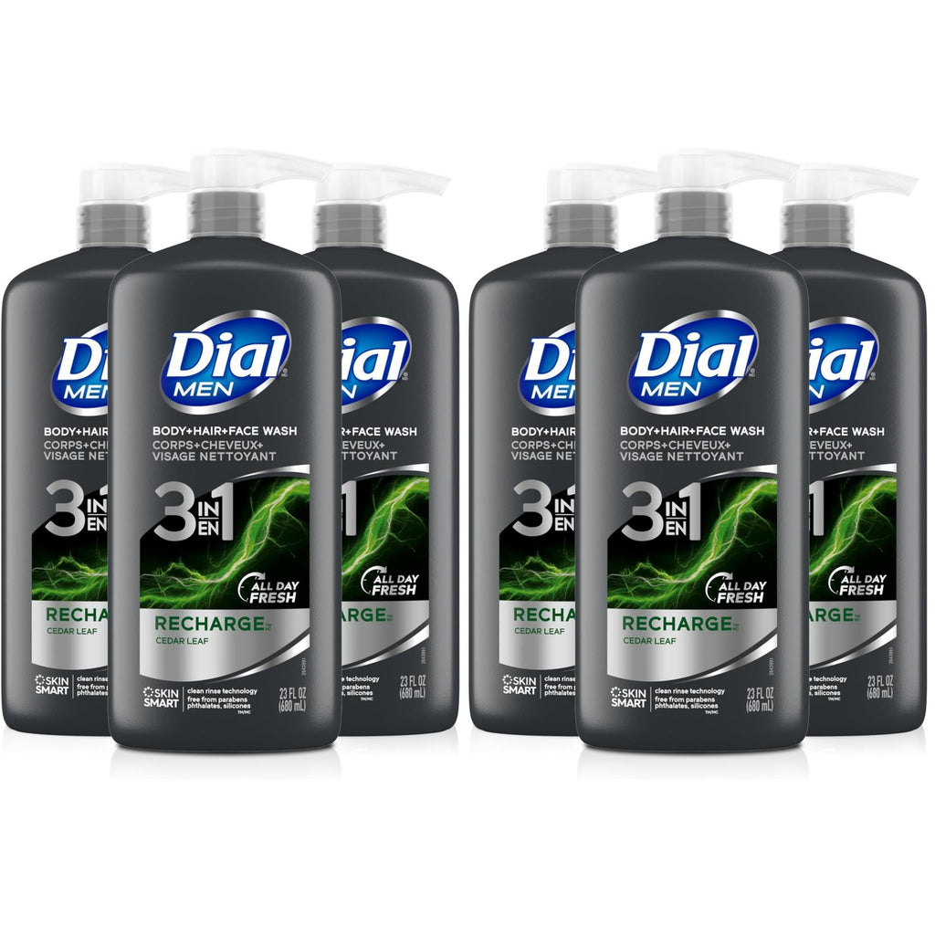 Dial Men 3-in-1 Body, Hair and Face Wash, Recharge, 23 Fl Oz, 3-Pack | Total 69 Fl Oz, clean rinse technology, moisturizing formula, includes 3 bottles, rich lather, suitable for daily use
