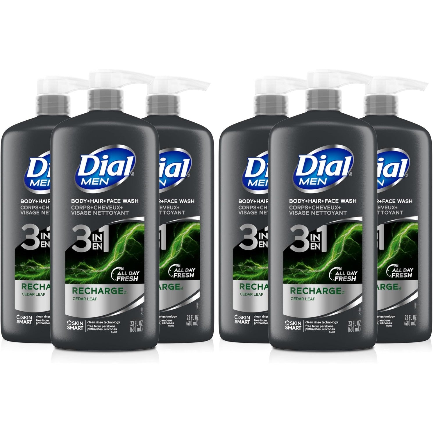 Dial Men 3-in-1 Body, Hair and Face Wash, Recharge, 23 Fl Oz, 3-Pack | Total 69 Fl Oz, clean rinse technology, moisturizing formula, includes 3 bottles, rich lather, suitable for daily use
