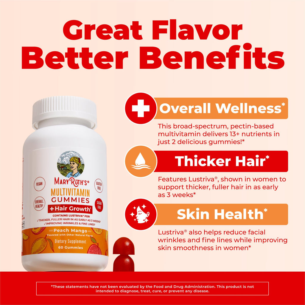 MaryRuth's Multivitamin + Hair Growth Gummies, Thicker Hair, 30 Servings | With Lustriva®, Biotin 10000mcg, B Vitamins, Formulated for Thicker Hair, Wrinkles, Fine Lines, Skin Care