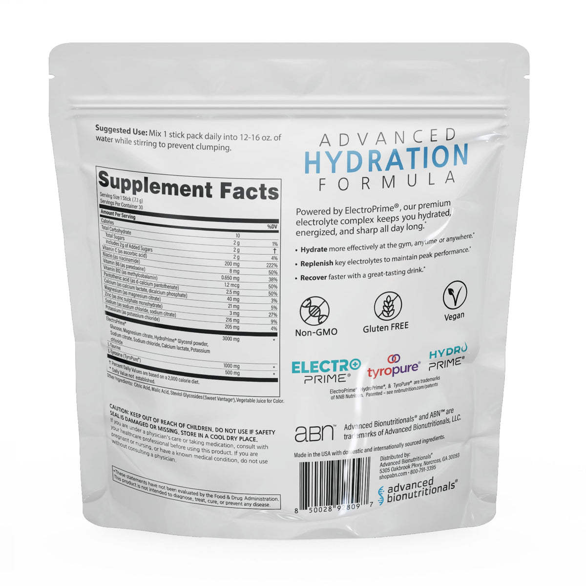 Advanced Hydration Formula | Electrolyte Drink Mix Packets | 30 Sticks