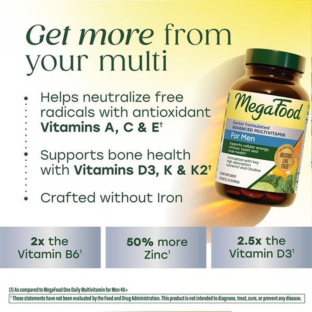 MegaFood Advanced Multivitamin for Men, Doctor Formulated, 120 Tablets | Immune Support, Cellular Energy, Heart & Brain Health, Choline, Methylfolate, Vitamin C, D3, Zinc, Vegetarian, 60 Servings