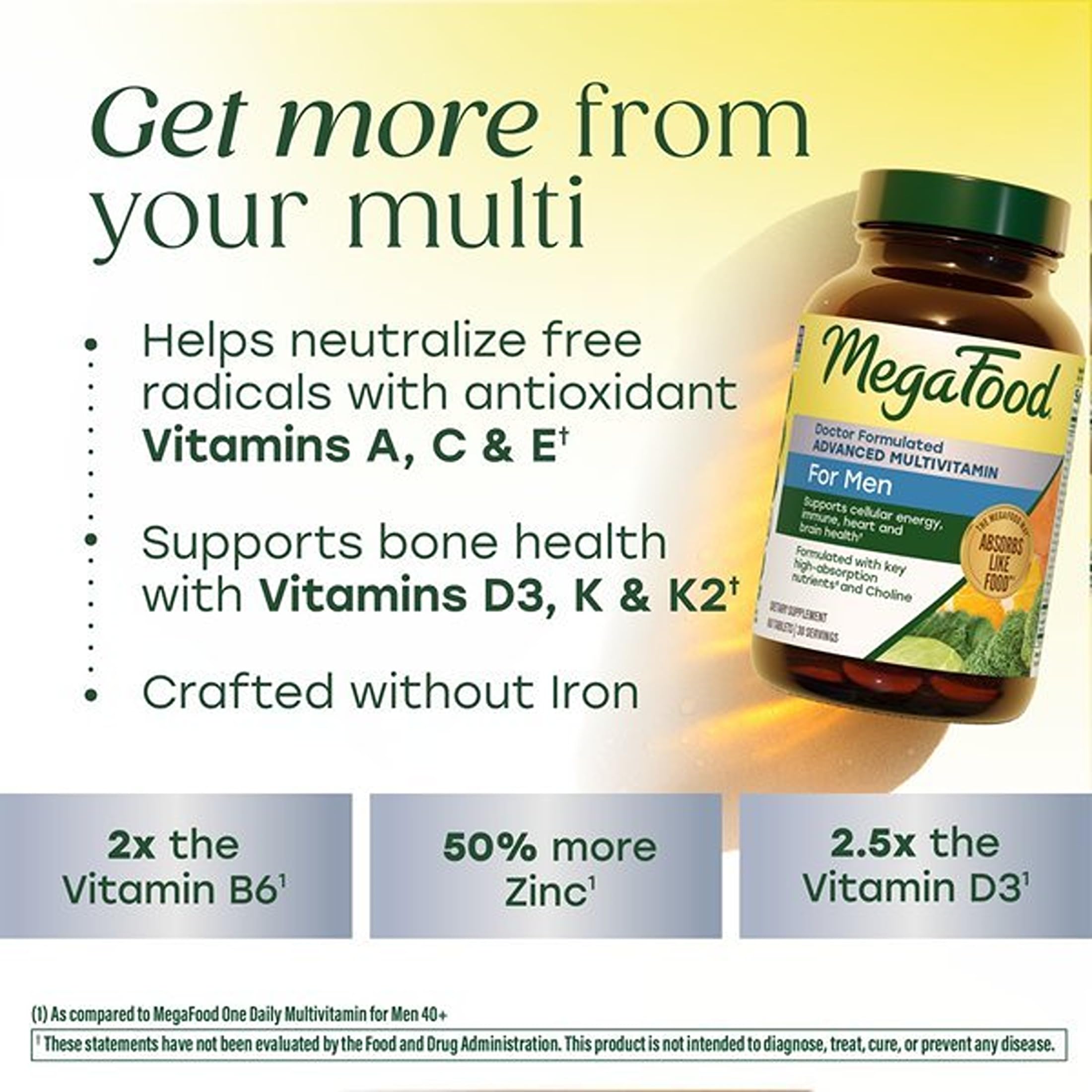 MegaFood Advanced Multivitamin for Men, Doctor Formulated, 120 Tablets | Immune Support, Cellular Energy, Heart & Brain Health, Choline, Methylfolate, Vitamin C, D3, Zinc, Vegetarian, 60 Servings