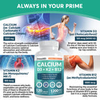 PrimeMD 4-in-1 Calcium 1200mg, Vitamin D3 K2 5000IU, Vegan Non-GMO, 120ct | Bone Health and Everyday Vitality Support, Extra Strength Calcium with Vitamin D3 and K2, Vegan, Non-GMO, Calcium Supplement