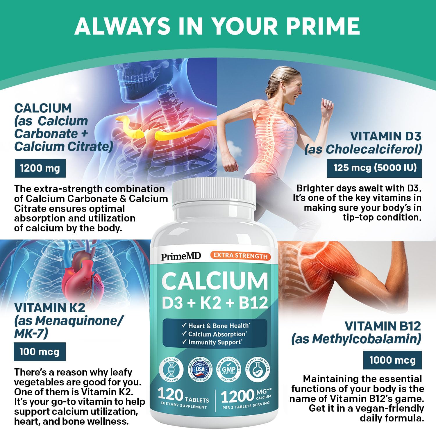 PrimeMD 4-in-1 Calcium 1200mg, Vitamin D3 K2 5000IU, Vegan Non-GMO, 120ct | Bone Health and Everyday Vitality Support, Extra Strength Calcium with Vitamin D3 and K2, Vegan, Non-GMO, Calcium Supplement