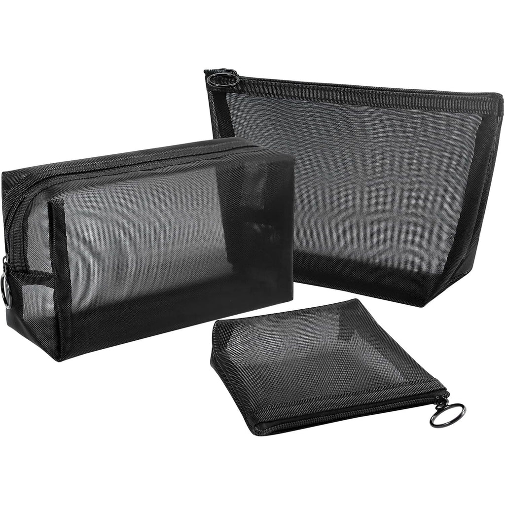 Buy now Aosbos 3-Pack Mesh Cosmetic Bag Set - Travel/On-The-Go Makeup Storage, Zipper Closure Small Pouch Black at indiglob india