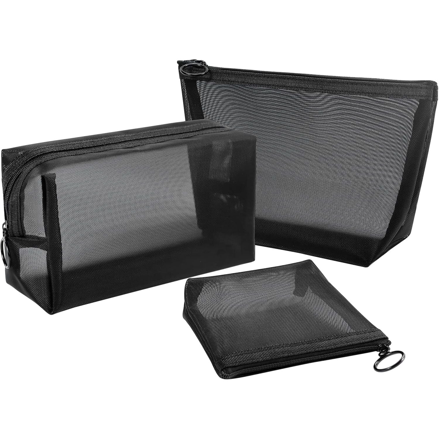 Buy now Aosbos 3-Pack Mesh Cosmetic Bag Set - Travel/On-The-Go Makeup Storage, Zipper Closure Small Pouch Black at indiglob india