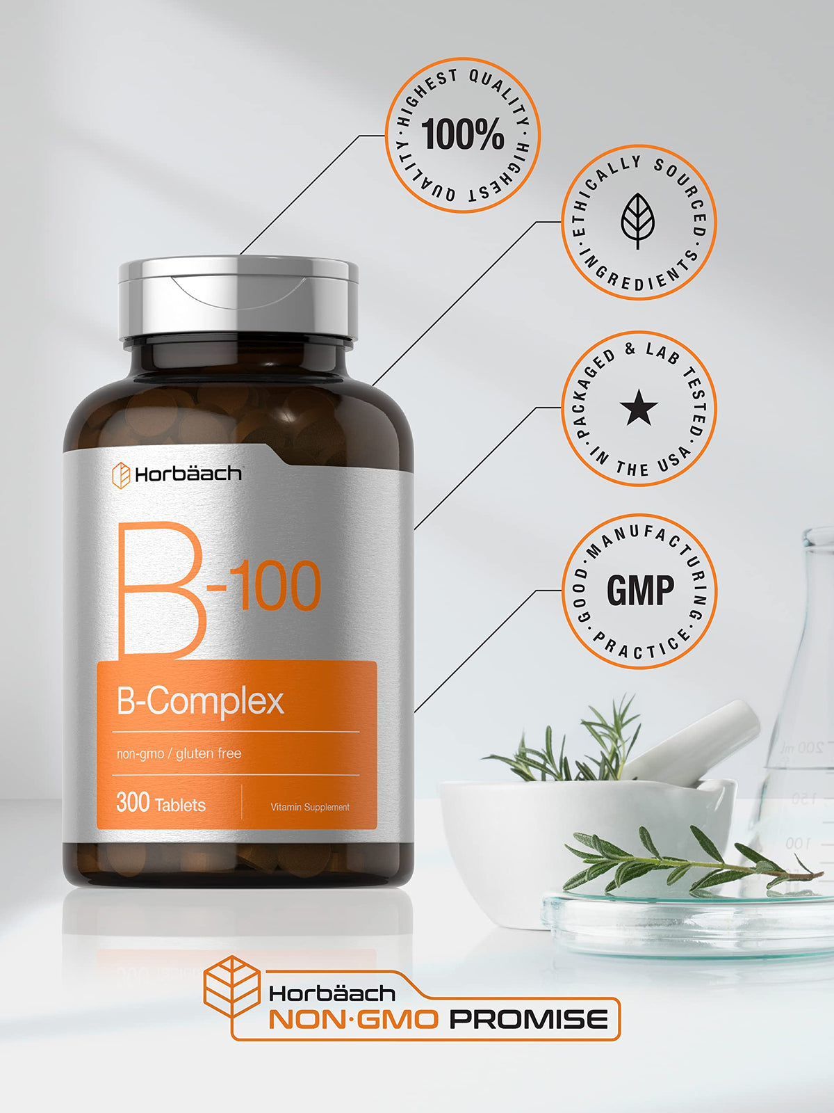 Horbäach Vitamin B-100 Complex | 100% of Daily Value | 300 Tablets
