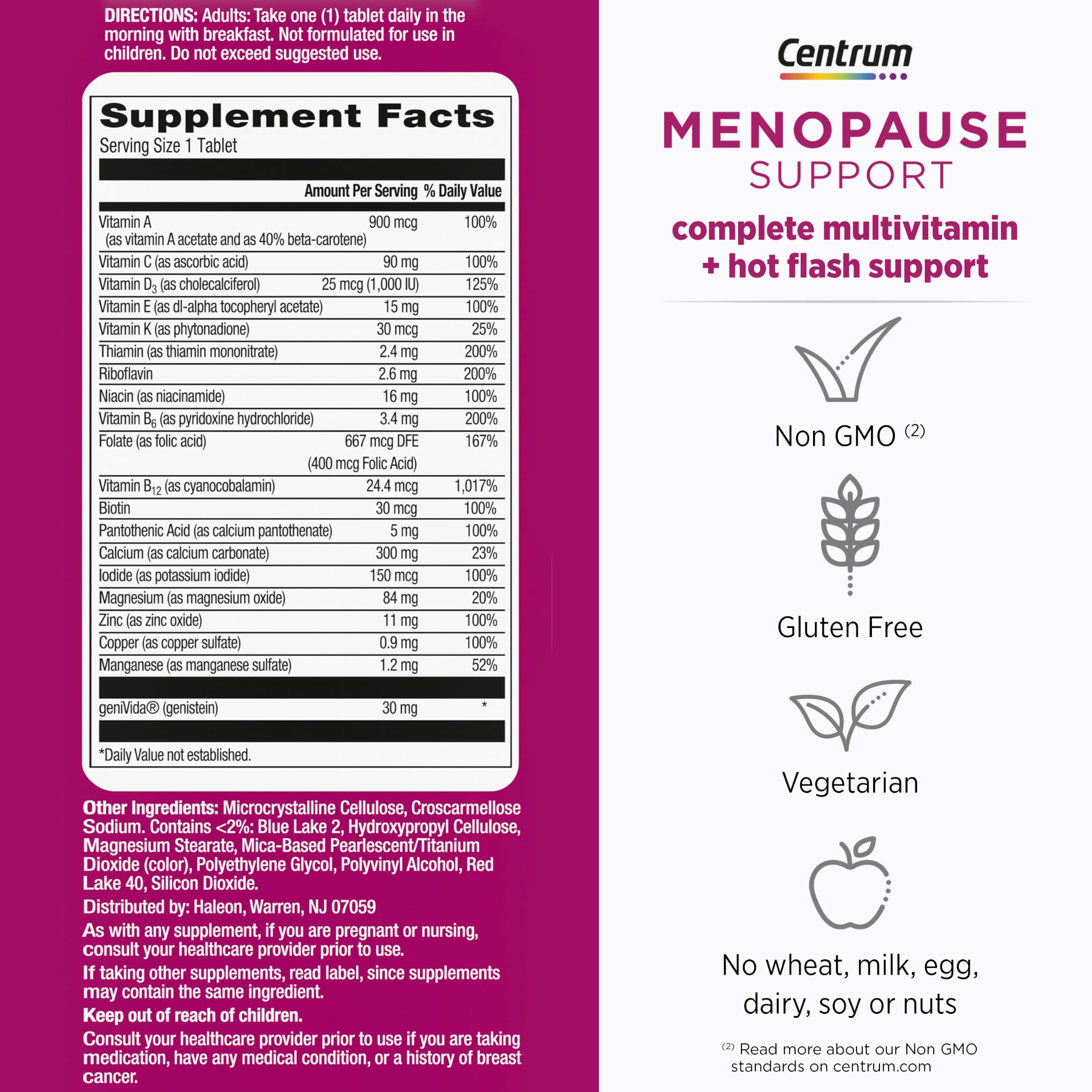 Centrum Complete Multivitamin Supplement, 30 Count | Hot Flash Support Menopause Support Tablets, with Clinically Studied geniVida, Gluten Free, Non-GMO Ingredients