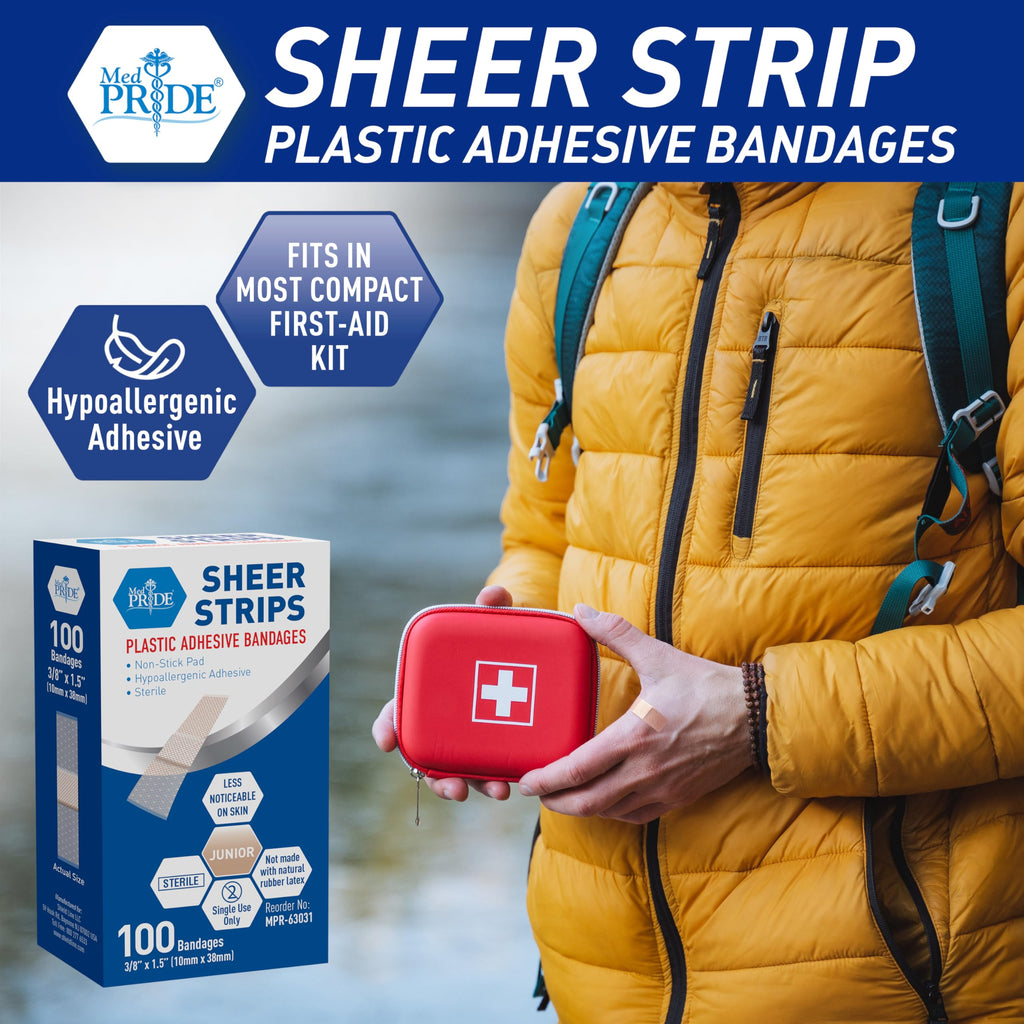 MED PRIDE Junior Strip Bandages,Hypoallergenic,Latex-Free,3/8x1.5 in,100-Ct