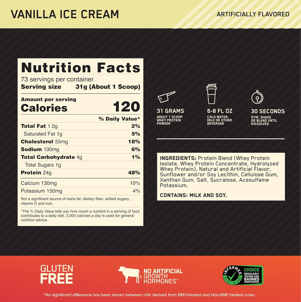 Buy now Optimum Nutrition Gold Standard 100% Whey Protein Powder, Vanilla Ice Cream, 5 Pound (Packaging May Vary) at indiglob india