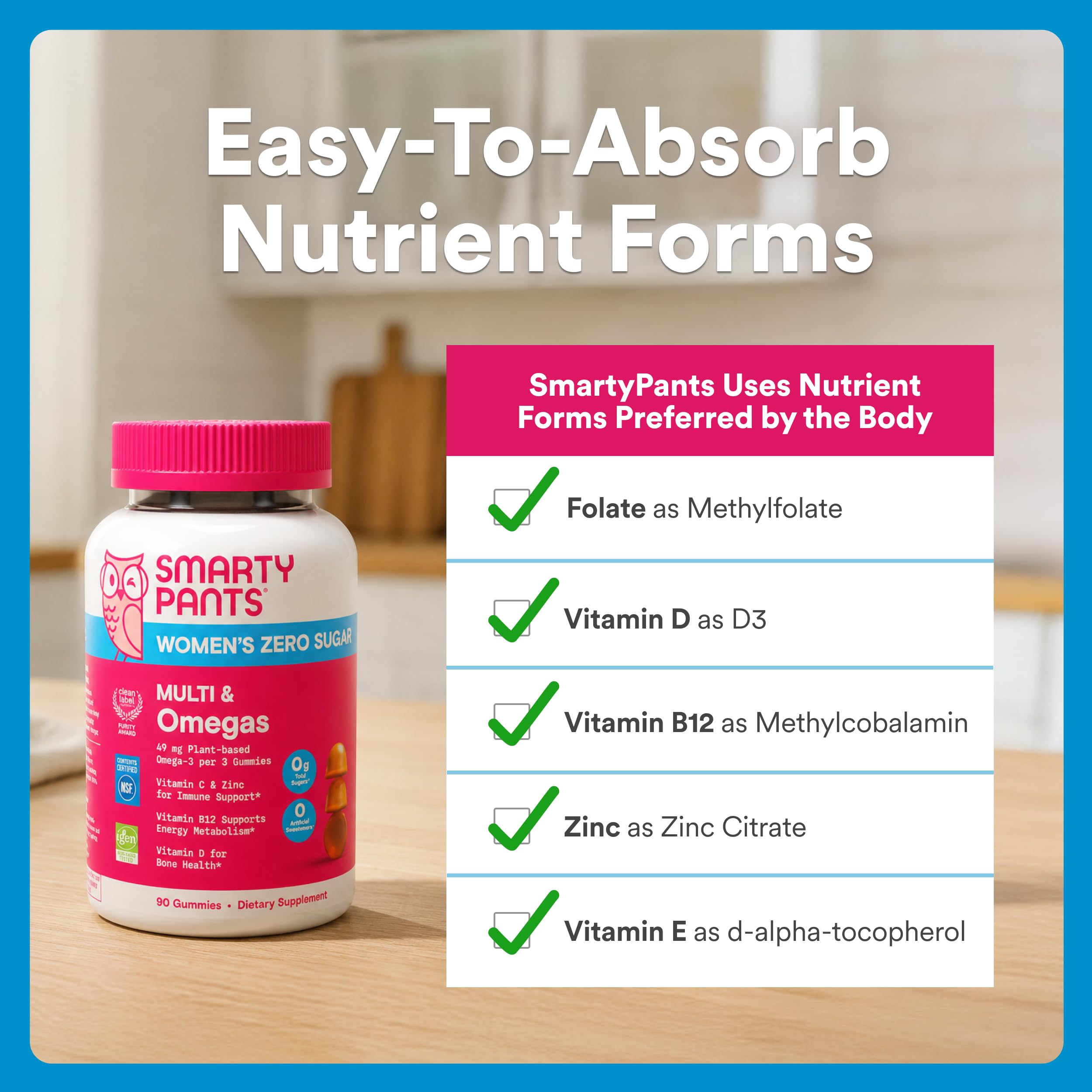 SmartyPants Women’s Zero Sugar Multi & Omegas Multivitamin Gummies with Biotin, Methylfolate, Omega 3 ALA, Vitamins D3, C, B12, Clean Label, No Sugar Alcohols, Orange Flavor, 90 Count (30 Day Supply)