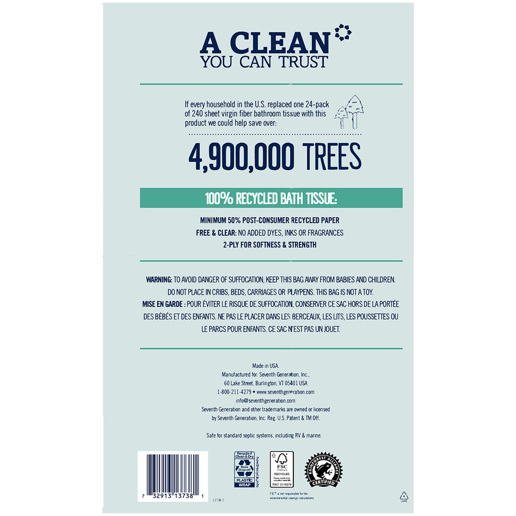 Seventh Generation Bath Tissue Toilet Paper Chlorine Free 2 Ply Toilet Paper 100% Recycled Paper 4 Count (Pack of 1)
