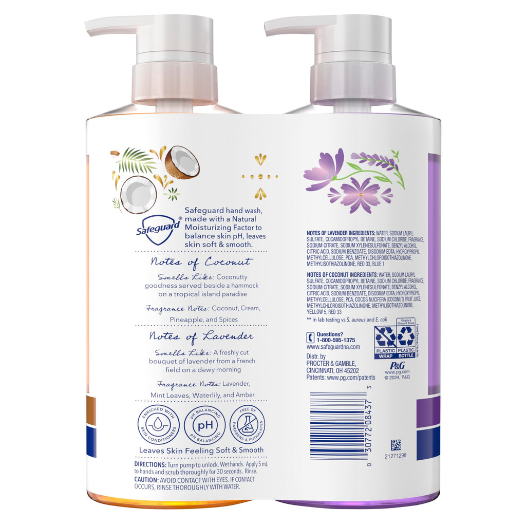 Safeguard Liquid Hand Soap, Micellar Deep Cleansing, Made with Natural Moisturizers, Enriched with Skin Conditioners, Coconut & Lavender Scent Twin Pack, 15.5 oz (Pack of 2)