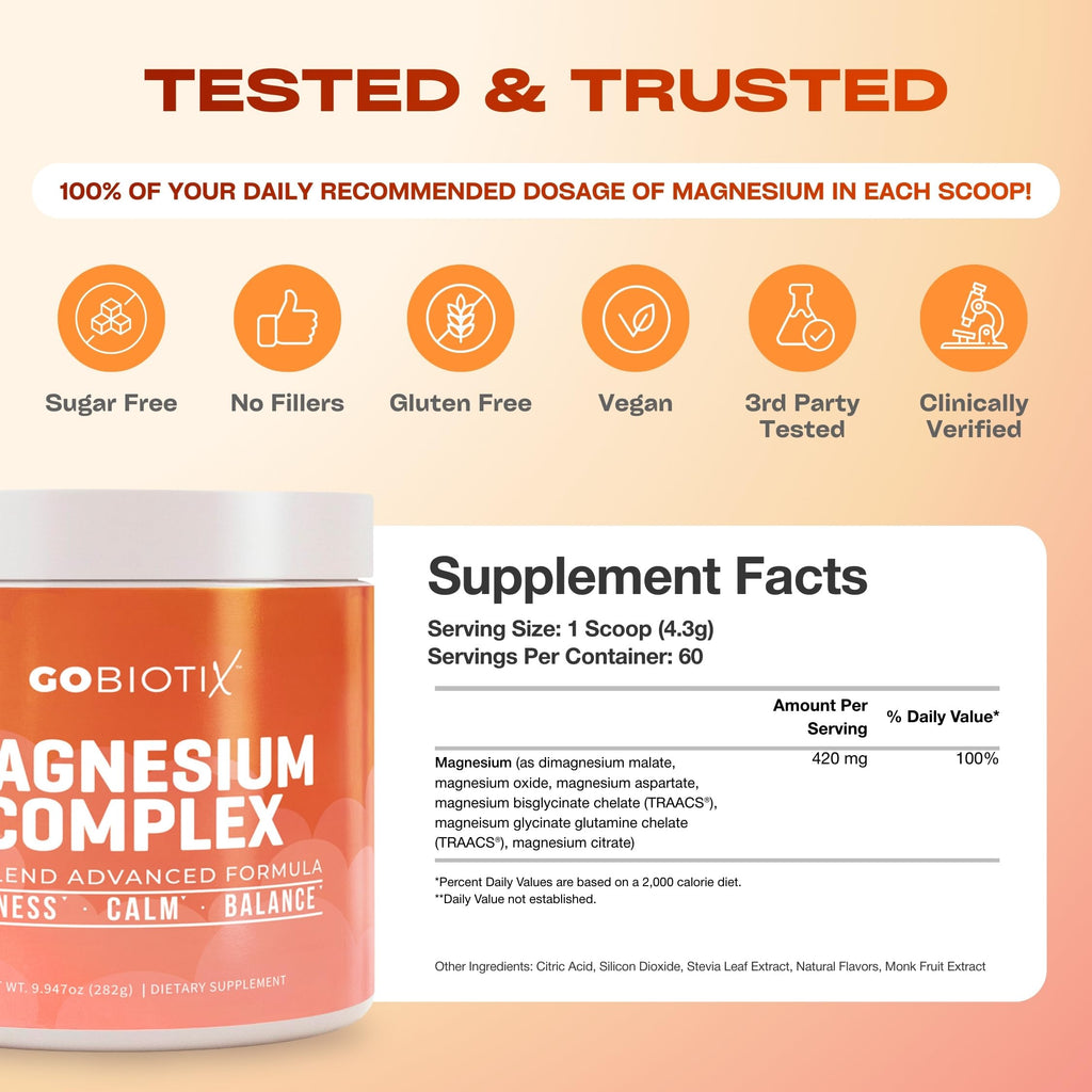 GOBIOTIX Magnesium Glycinate Powder – 6-Form Magnesium Complex: Malate, Citrate & More – Sleep, Stress & Calm Support for Women & Men – High Absorption, Sugar Free – 420mg, 60 Servings (Peach Tea)