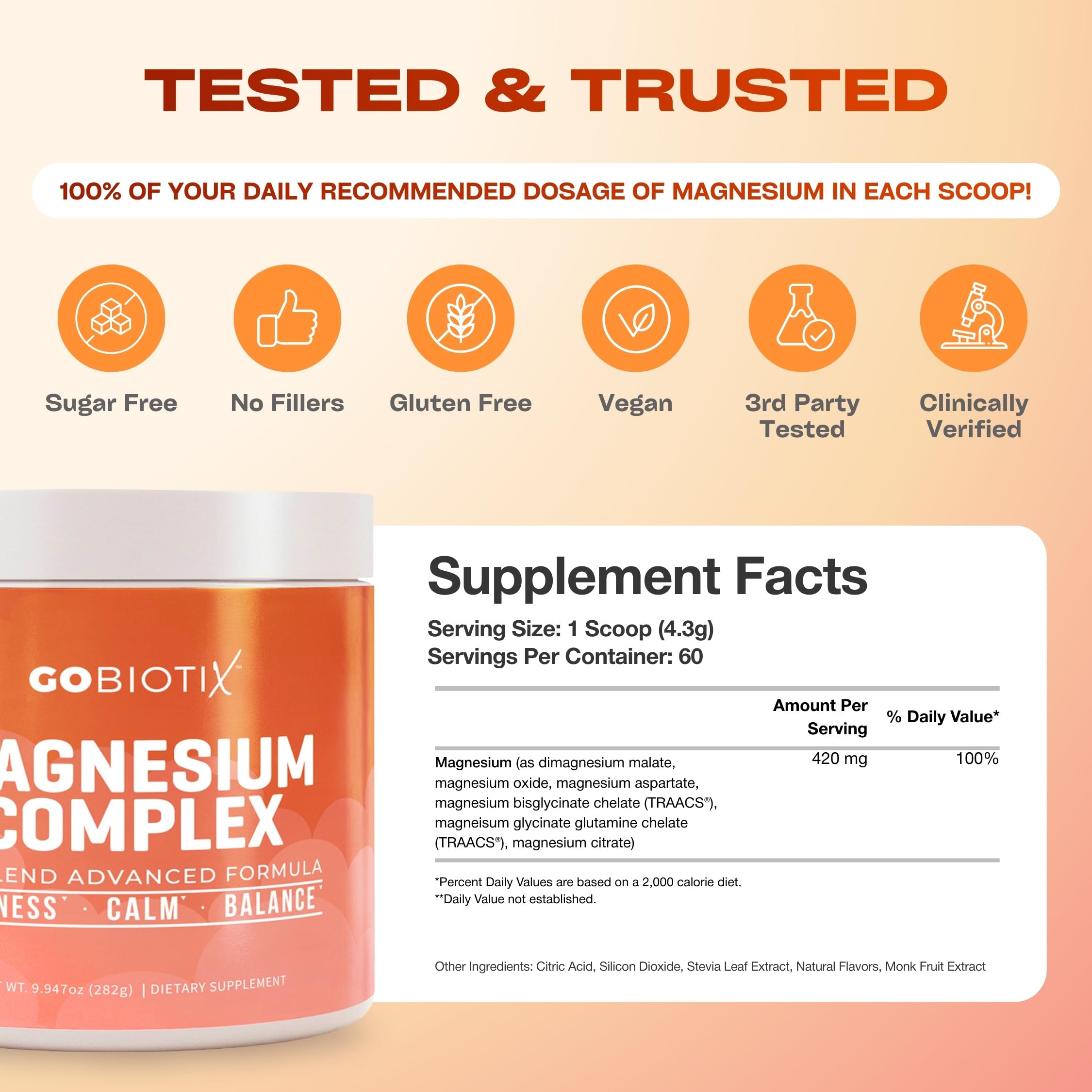 GOBIOTIX Magnesium Glycinate Powder – 6-Form Magnesium Complex: Malate, Citrate & More – Sleep, Stress & Calm Support for Women & Men – High Absorption, Sugar Free – 420mg, 60 Servings (Peach Tea)