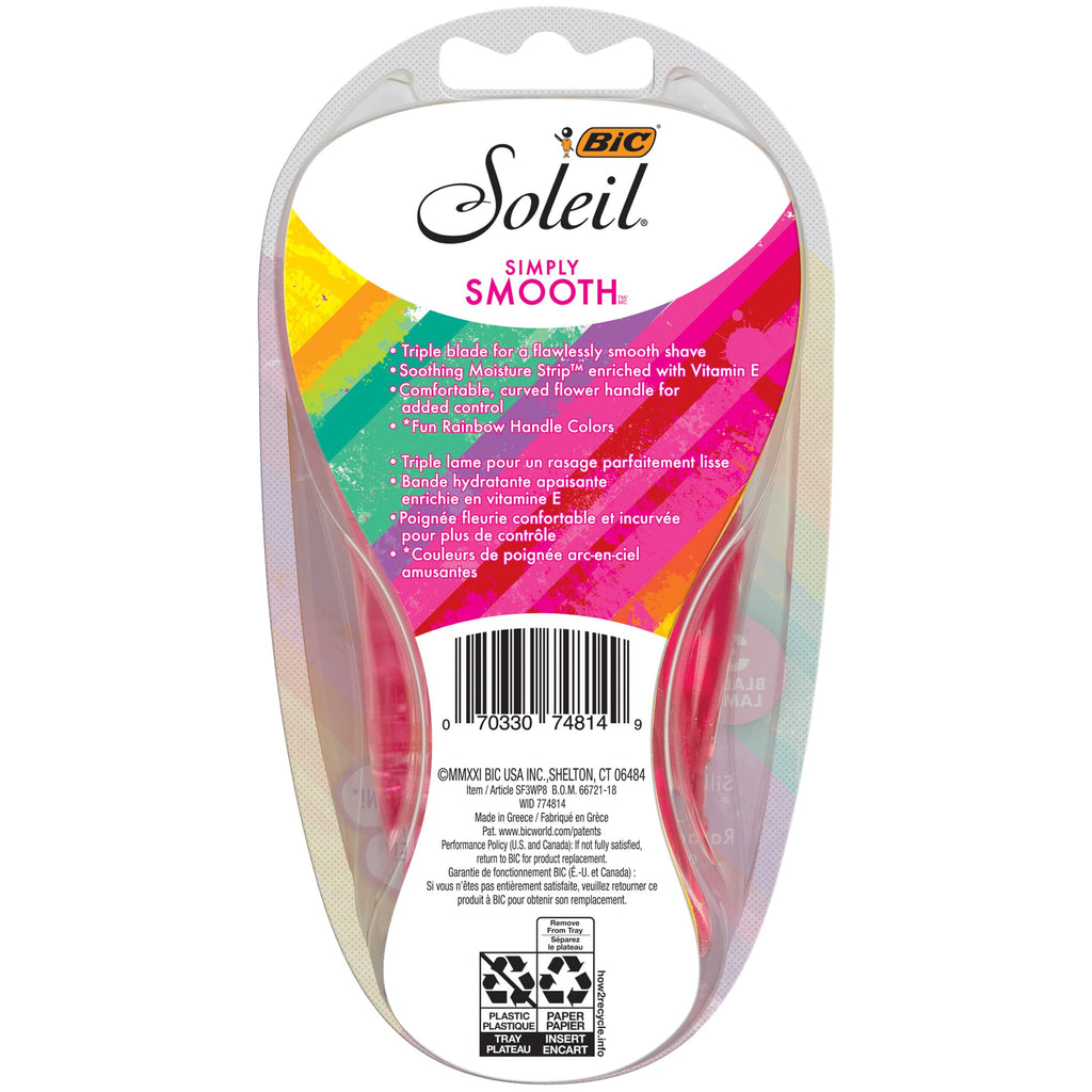 BIC Soleil Simply Smooth Women's Disposable 3 Blade Razors, Moisture Strip and Comfortable Handle, Skin Care Routine Kit, 8 Count (Pack of 2)