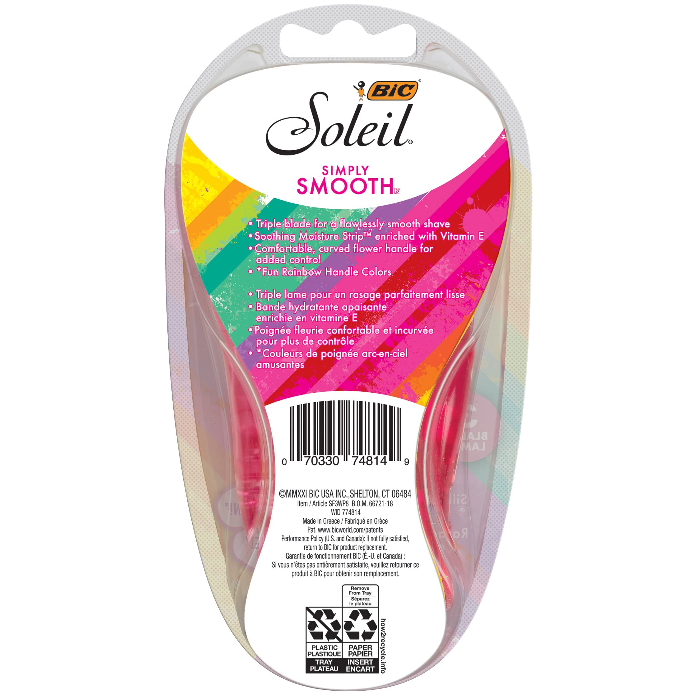 BIC Soleil Simply Smooth Women's Disposable 3 Blade Razors, Moisture Strip and Comfortable Handle, Skin Care Routine Kit, 8 Count (Pack of 2)